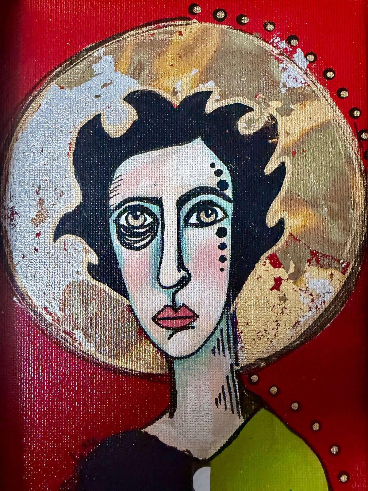 Original,signed painting-mixed media portrait on canvas in gold frame 9x11