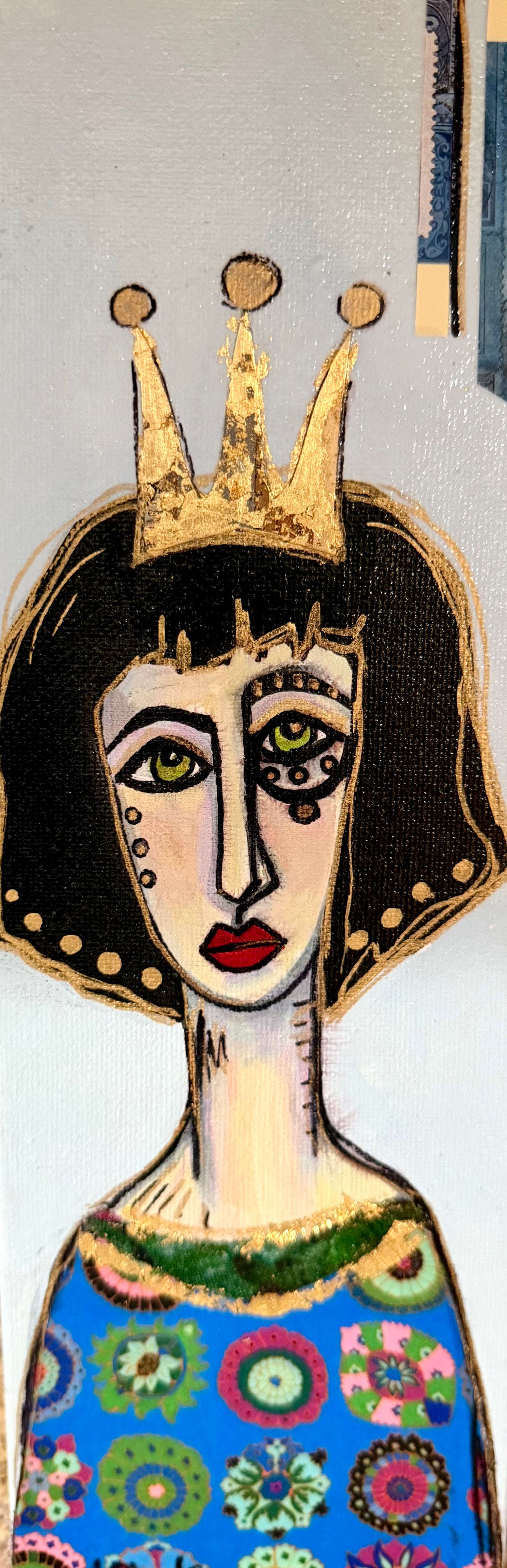 Original, signed mini /slender painting on canvas  Abstract portrait w/mixed media 4x12”