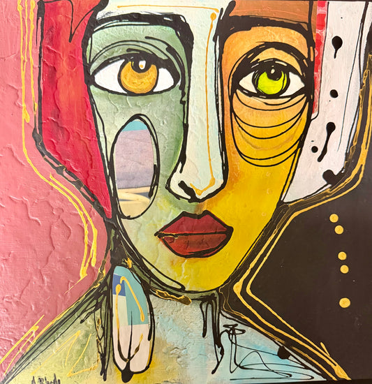 Original, signed mixed media painting/collage on boxed framed wood panel   Abstract portrait w/mixed media -12x12”