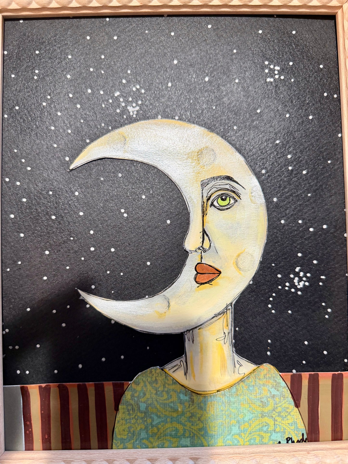 Original,signed small painting/mixed media collage portrait on board in simple frame 9x11 (Copy)