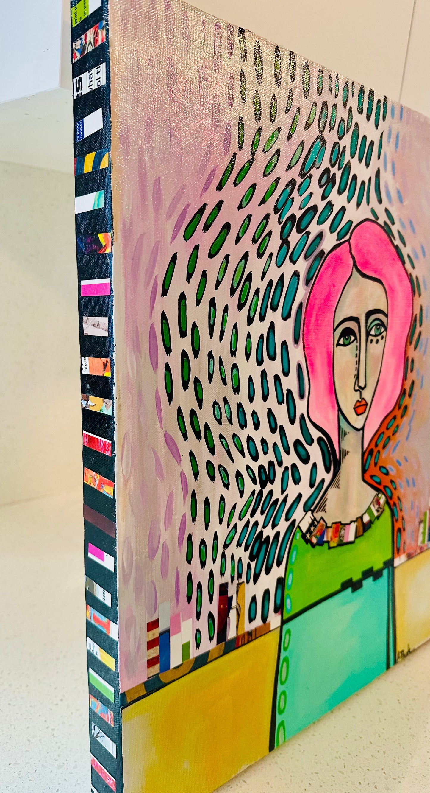 Original, signed painting-18x18” wide collage edge canvas: Abstract portrait w/ mixed media