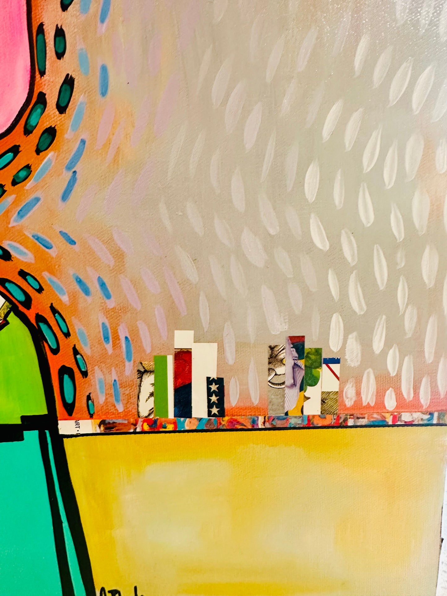 Original, signed painting-18x18” wide collage edge canvas: Abstract portrait w/ mixed media