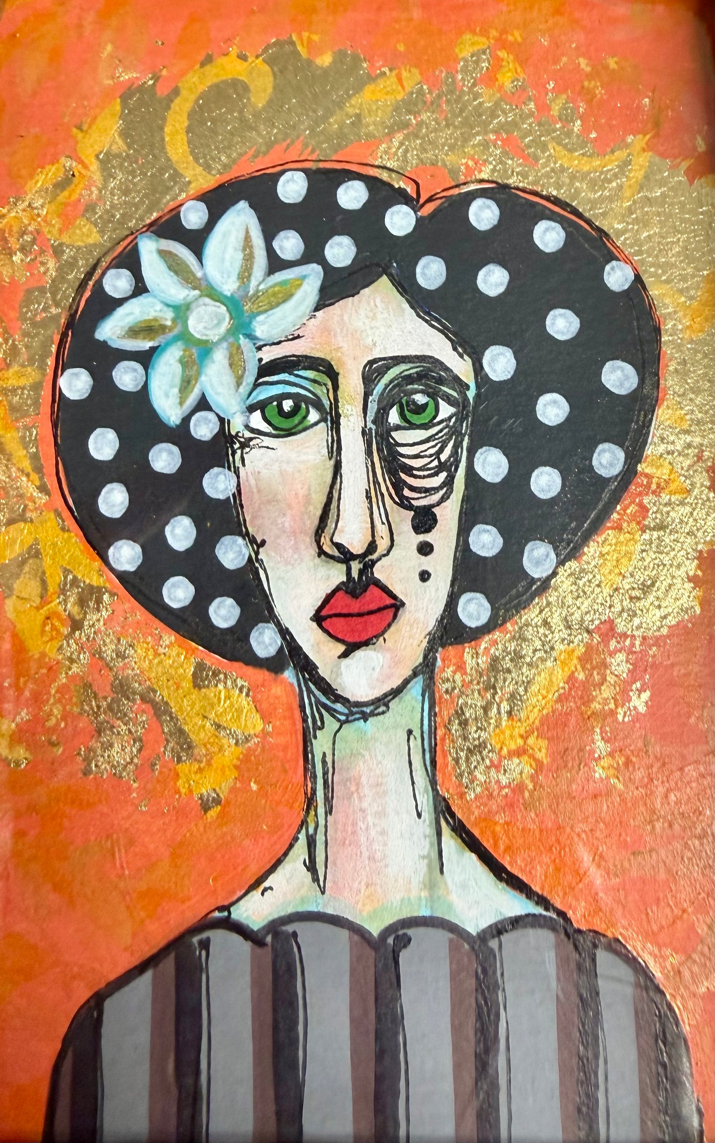 Original,signed painting/mixed media collage portrait on heavyweight archival paper in rattan frame 8x10