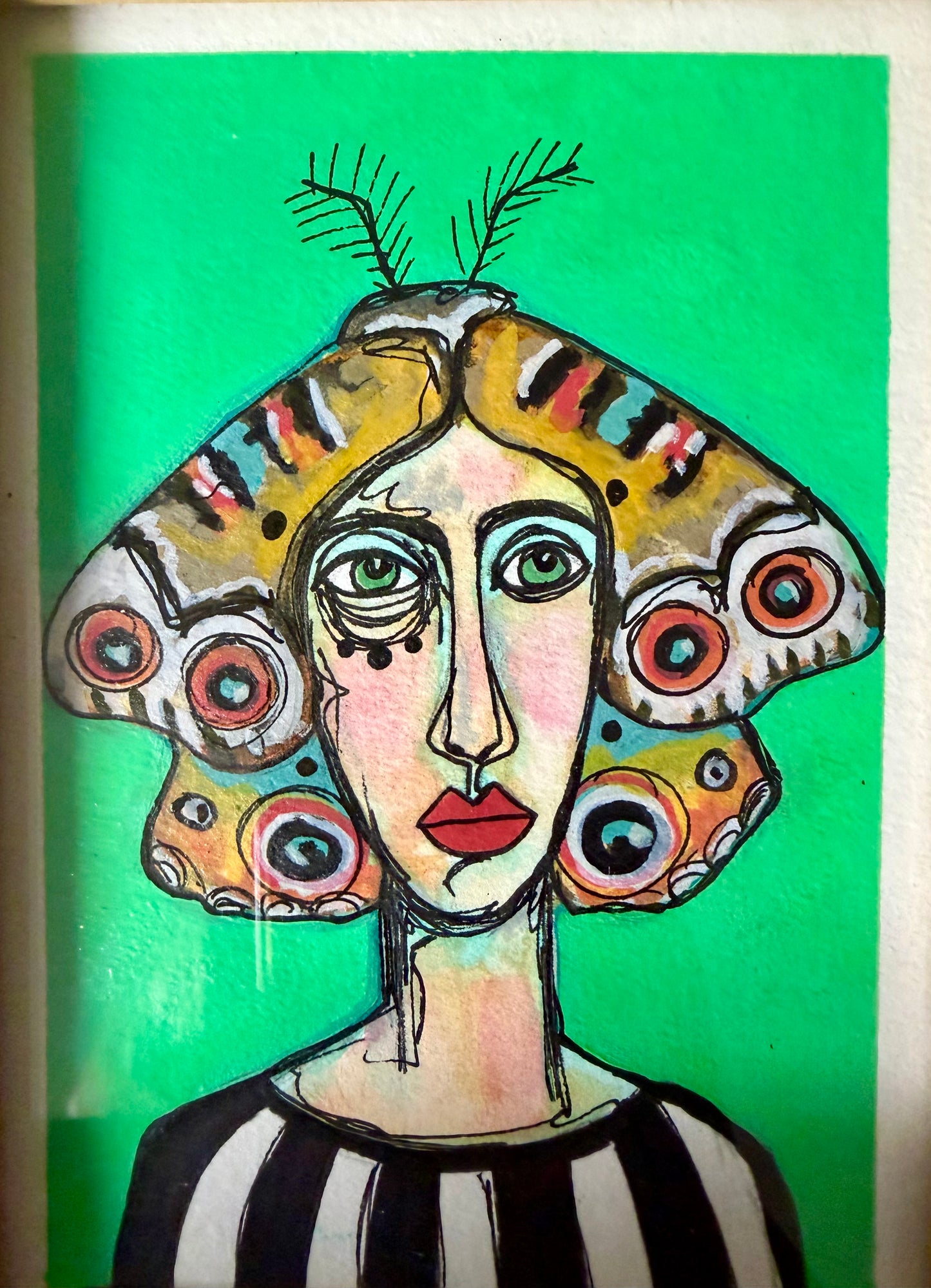 Original,signed painting & mixed media portrait on heavyweight archival paper/board in wood frame 8.5x10.5”