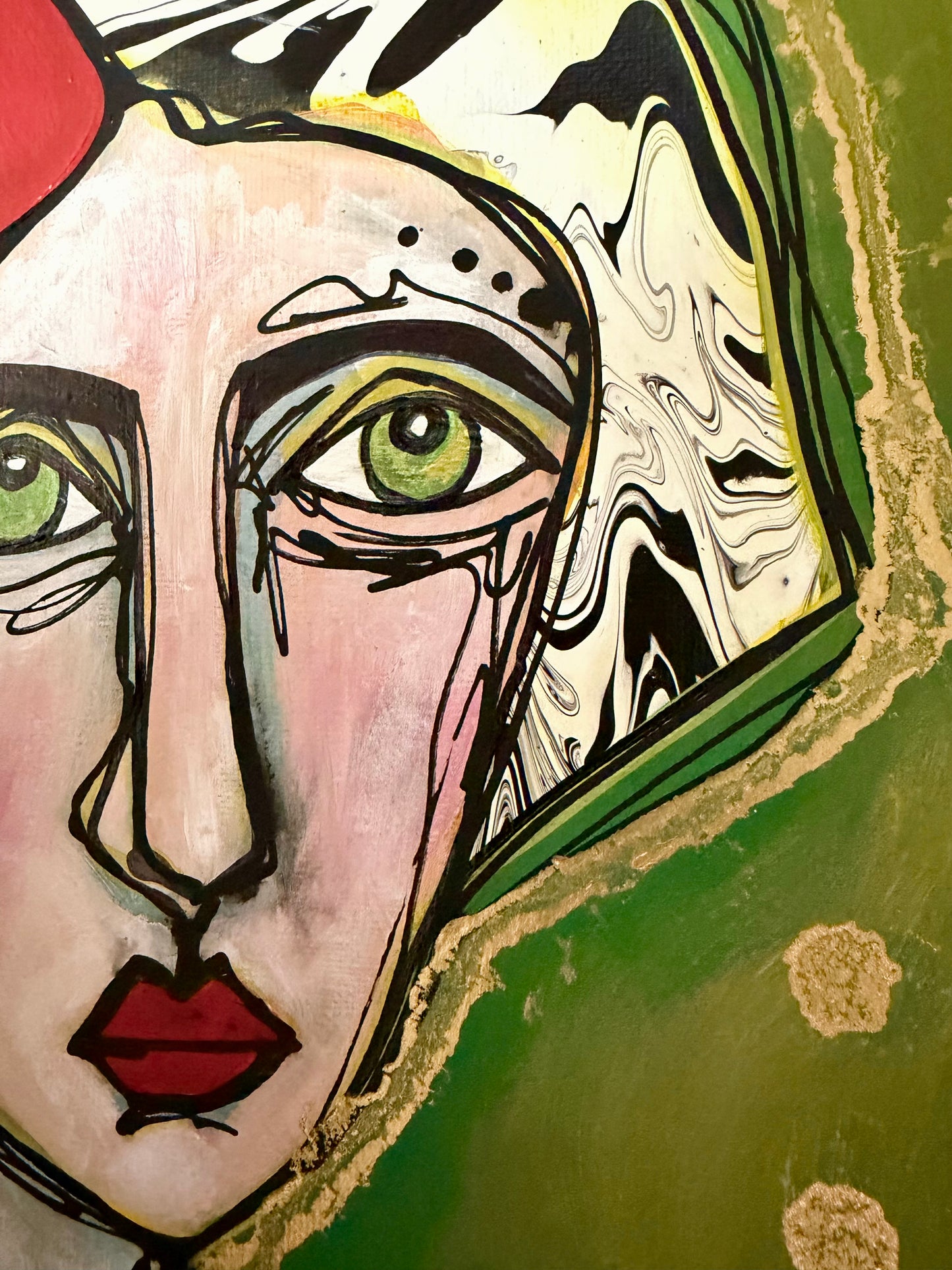 Original, signed painting on canvas  Abstract portrait w/mixed media - square 12x12”