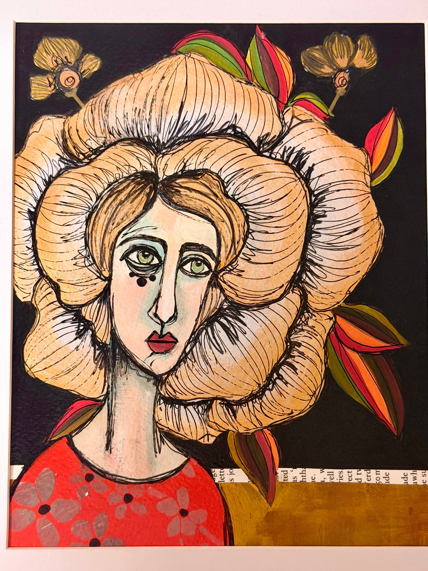 Original,signed painting/mixed media collage in black frame, 12x15” flower girl portrait.