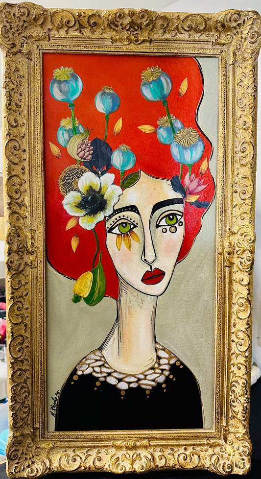 Original painting on canvas board in ornate gold frame, 17x30” Abstract portrait w/botanical collage