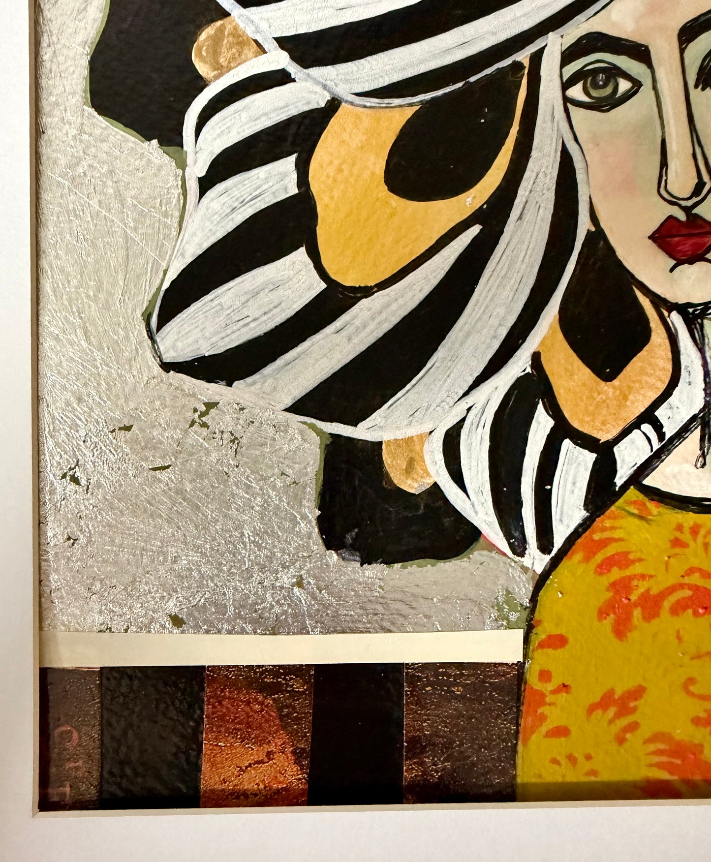 Original,signed painting/mixed media collage in black frame, 12x15” flower girl portrait.