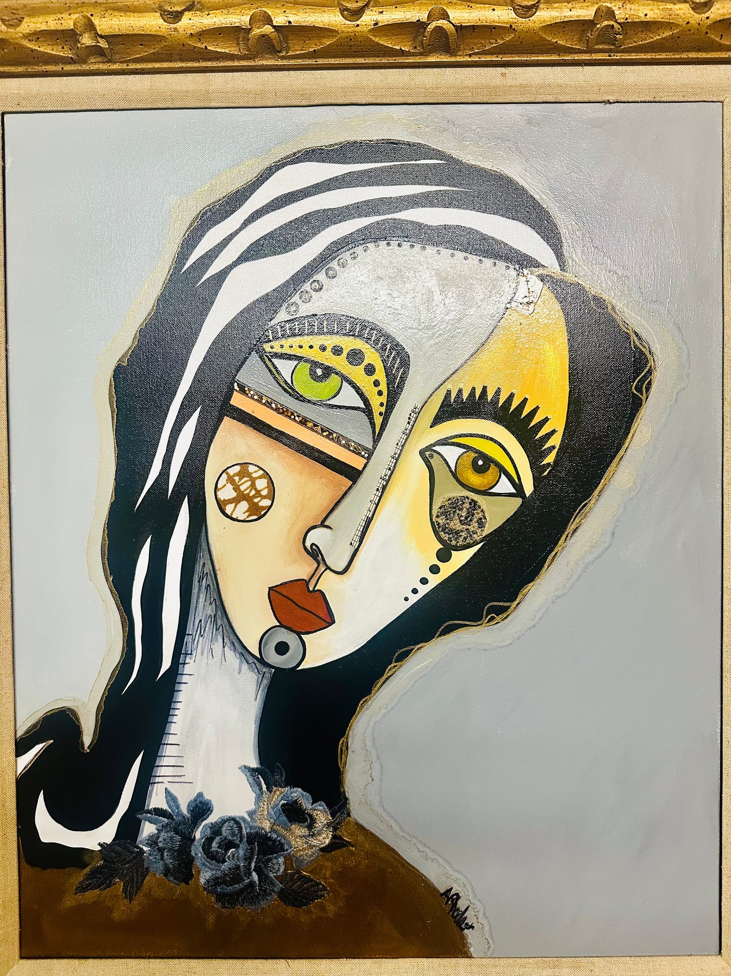 Original painting on canvas - ornate vintage frame-28.5x32.5 Abstract Portrait-w/ mixed media collage.