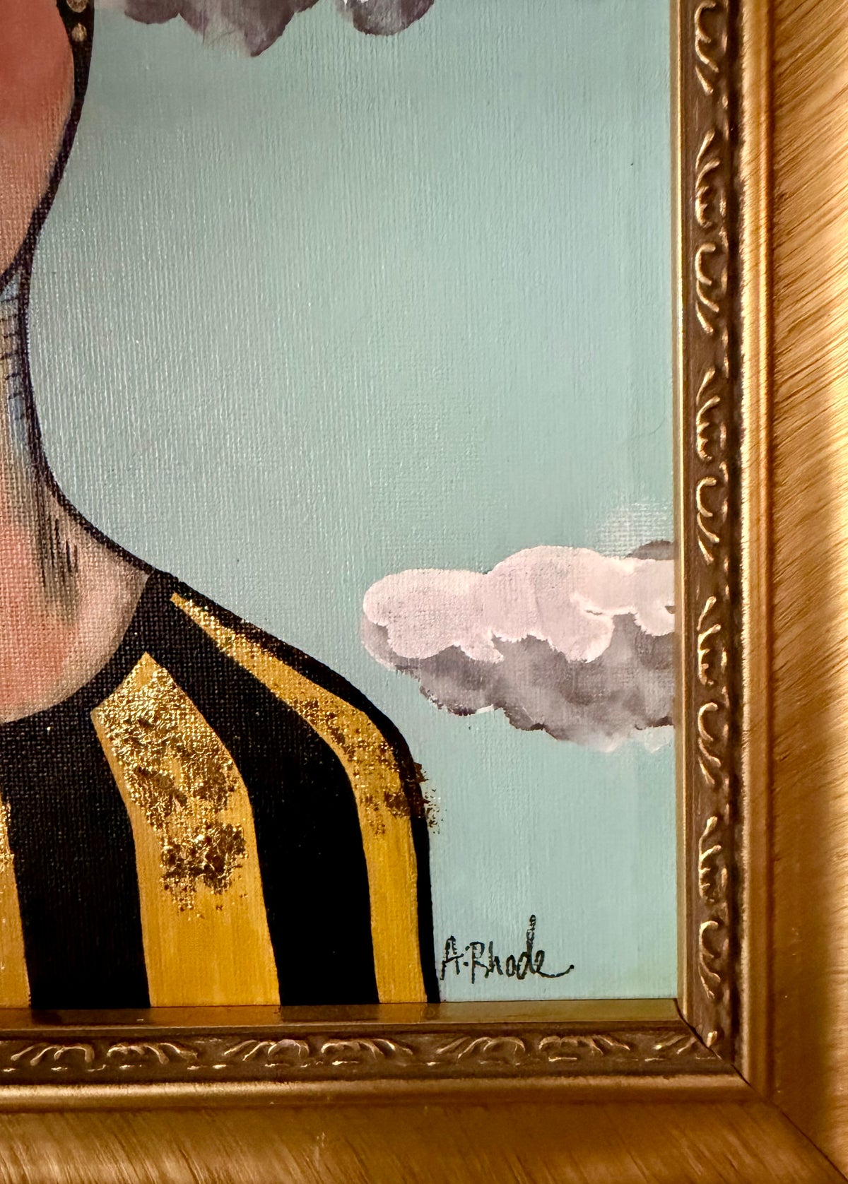 Original,signed painting-mixed media portrait on canvas in gold frame 14x17
