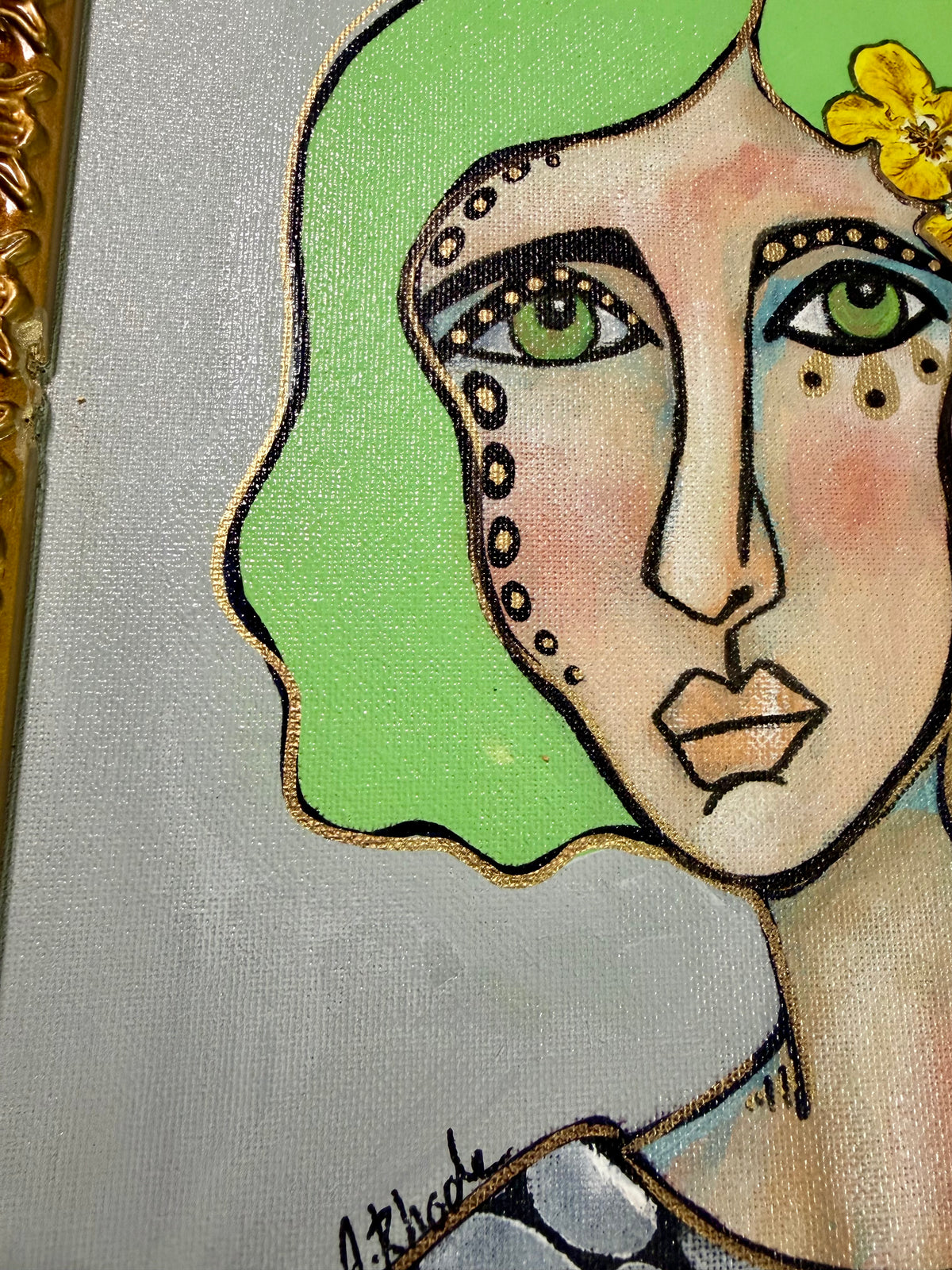 Original,signed painting-mixed media portrait on canvas board in gold frame 12x14”