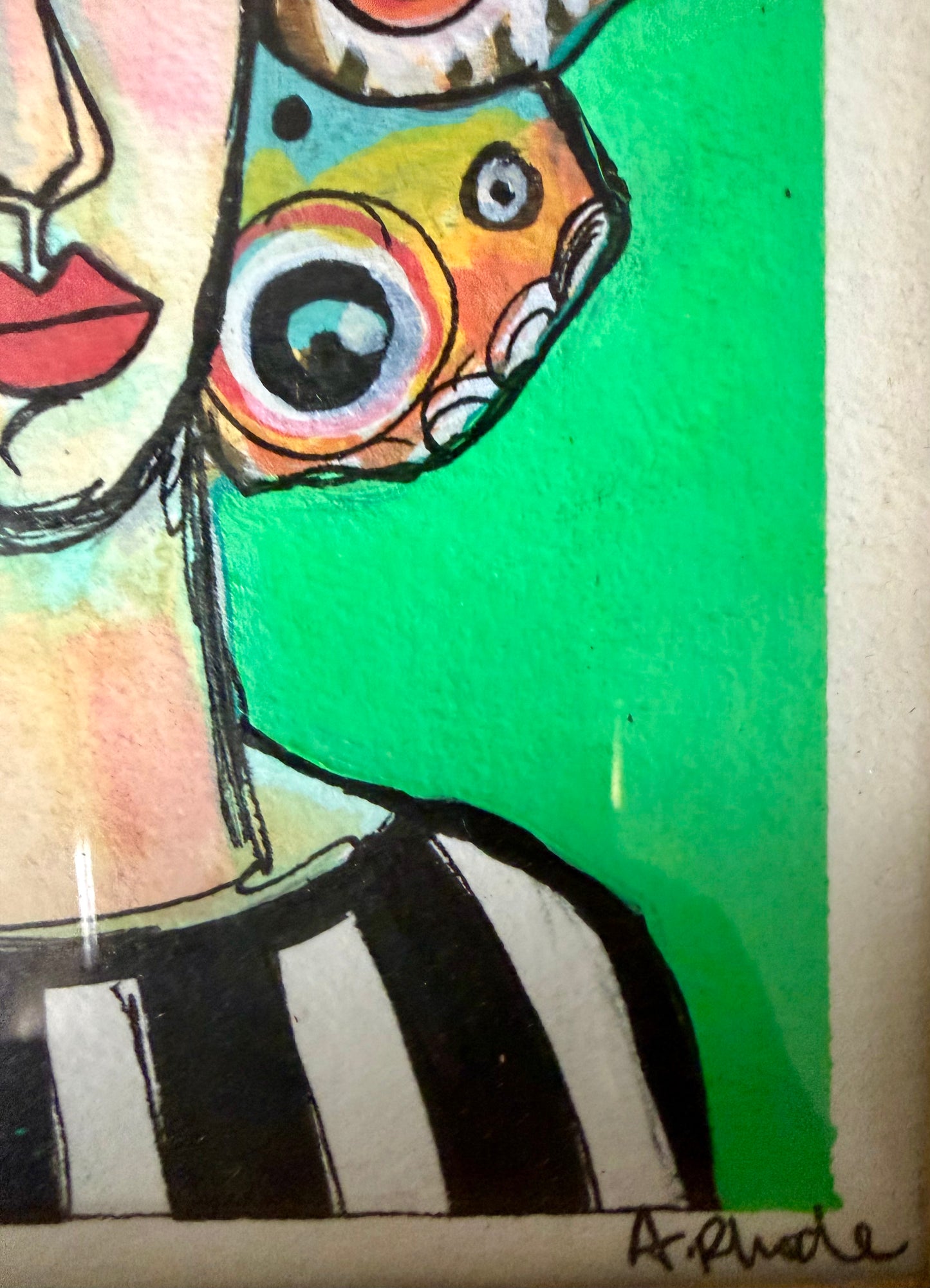 Original,signed painting & mixed media portrait on heavyweight archival paper/board in wood frame 8.5x10.5”