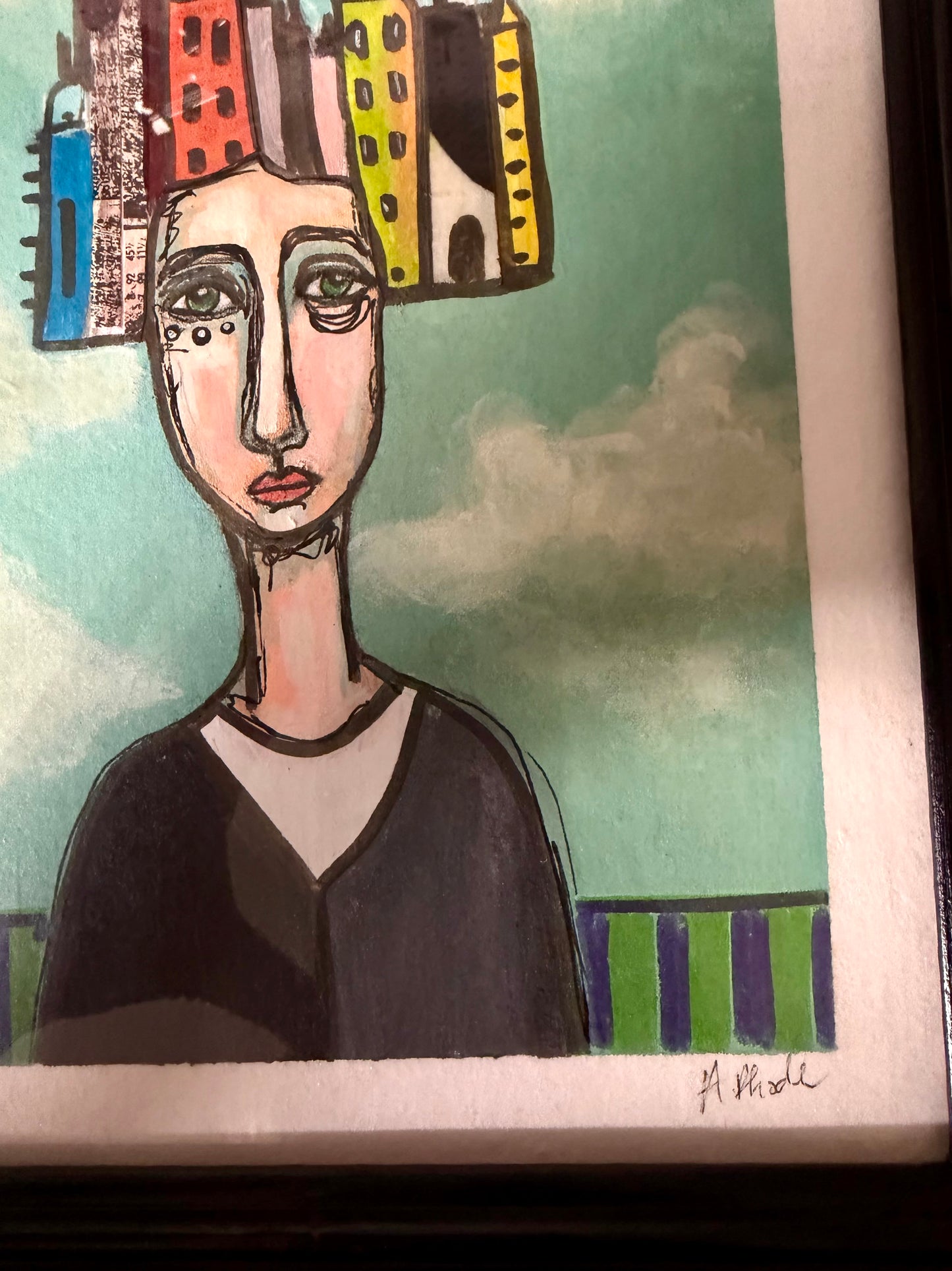 Original,signed painting/mixed media collage portrait on board in black frame, 10x12