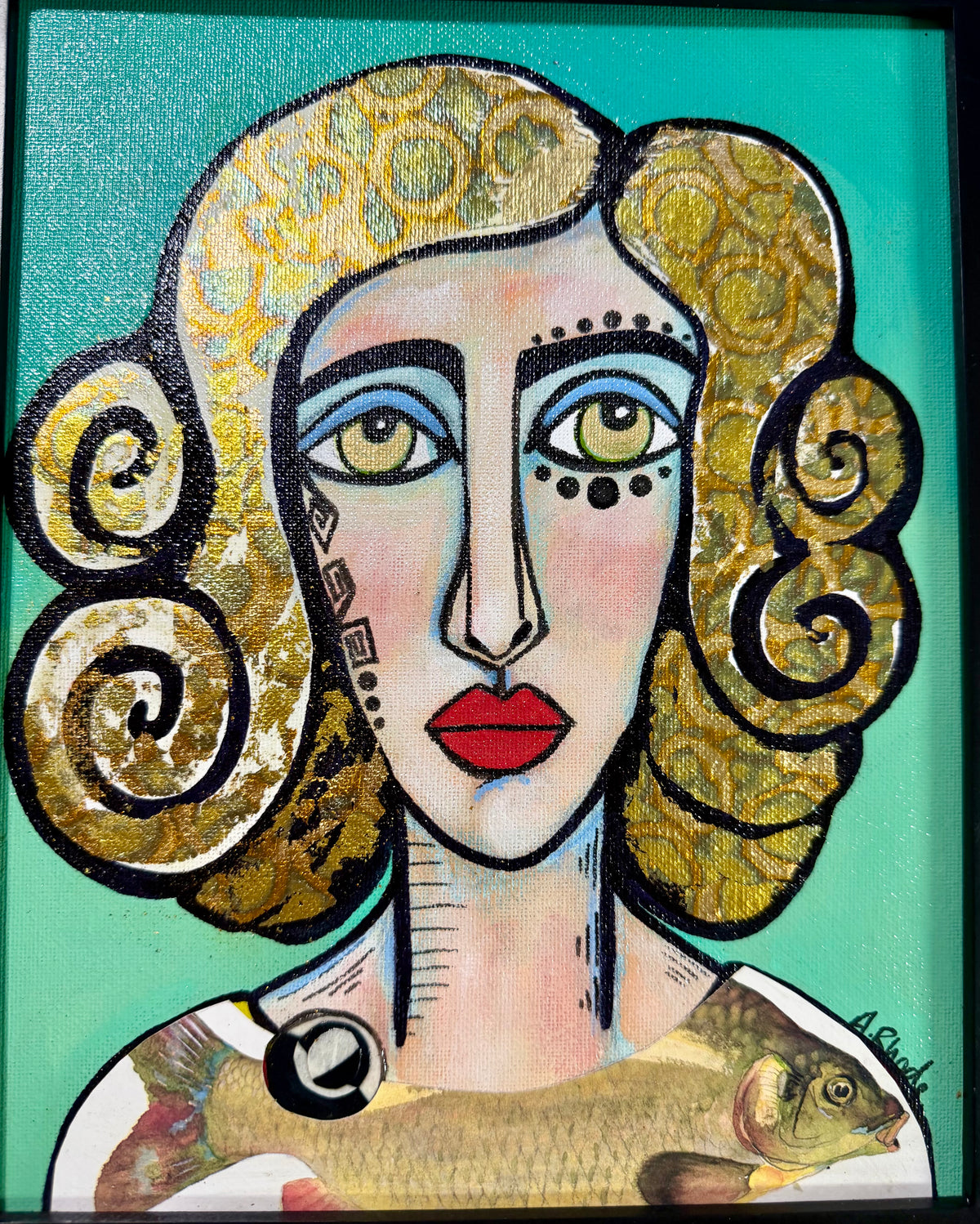 Original,signed painting-mixed media portrait on canvas board in black frame 10x12”