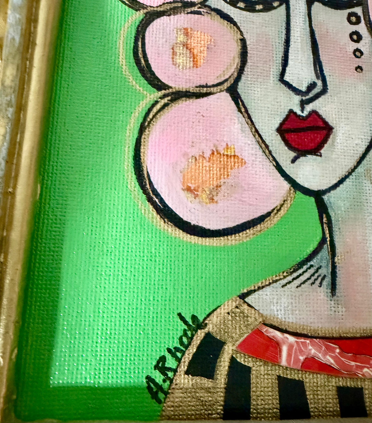 Original,signed painting-mixed media portrait on canvas in gold frame 9x11