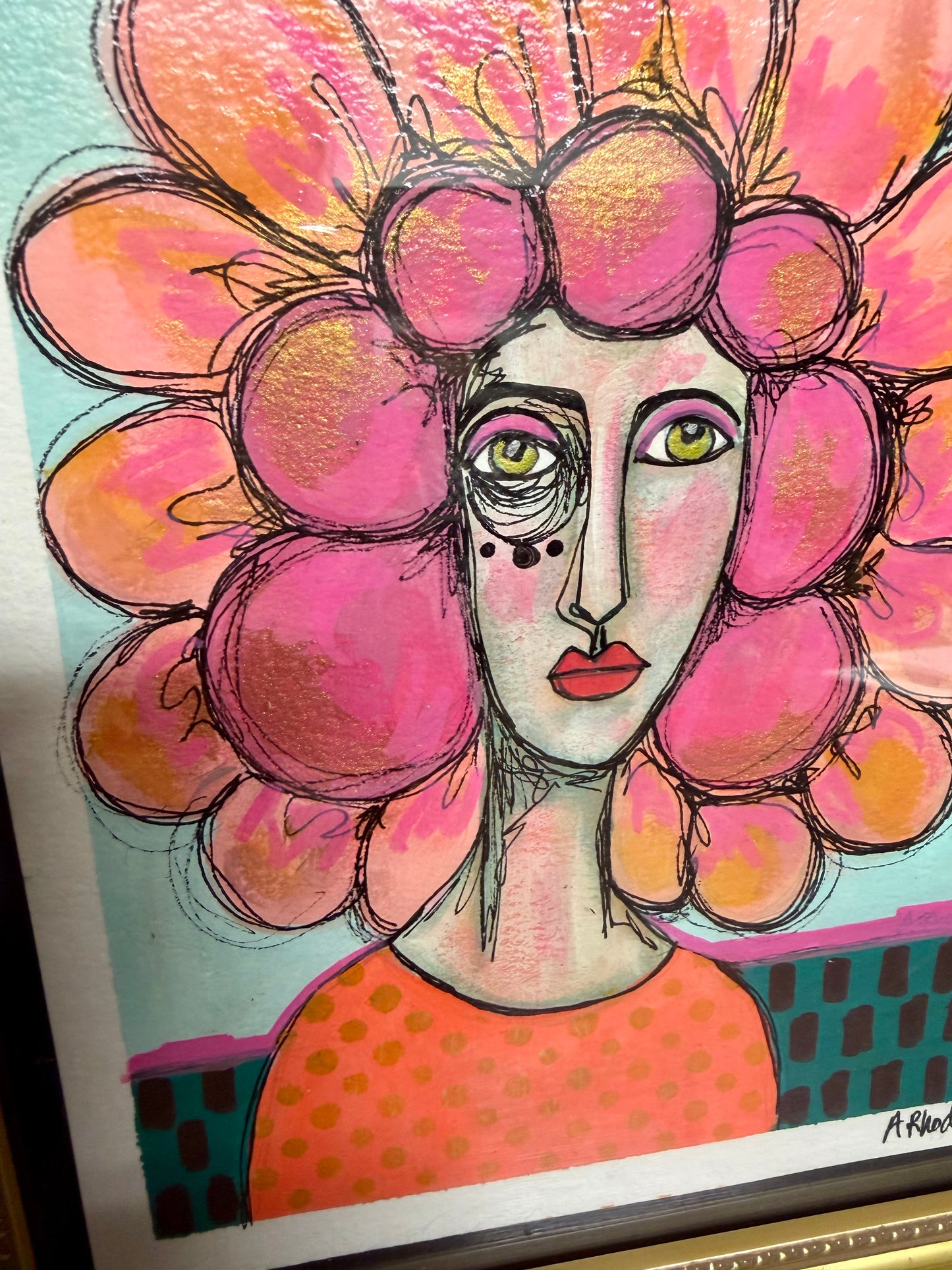 Original,signed painting/mixed media collage portrait on heavyweight archival paper/board in gold frame 10x12