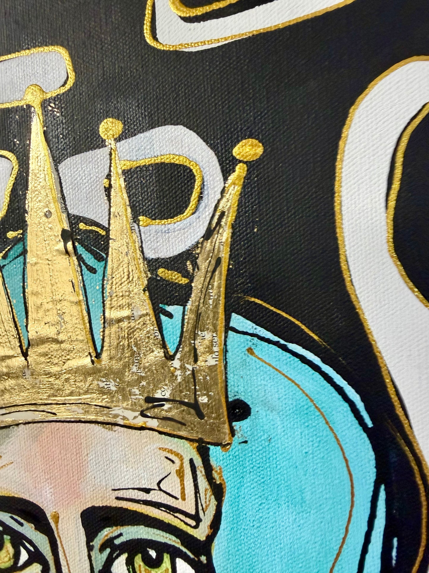 Original, signed painting-12x24” painted edge canvas: Abstract portrait w/ mixed media crown
