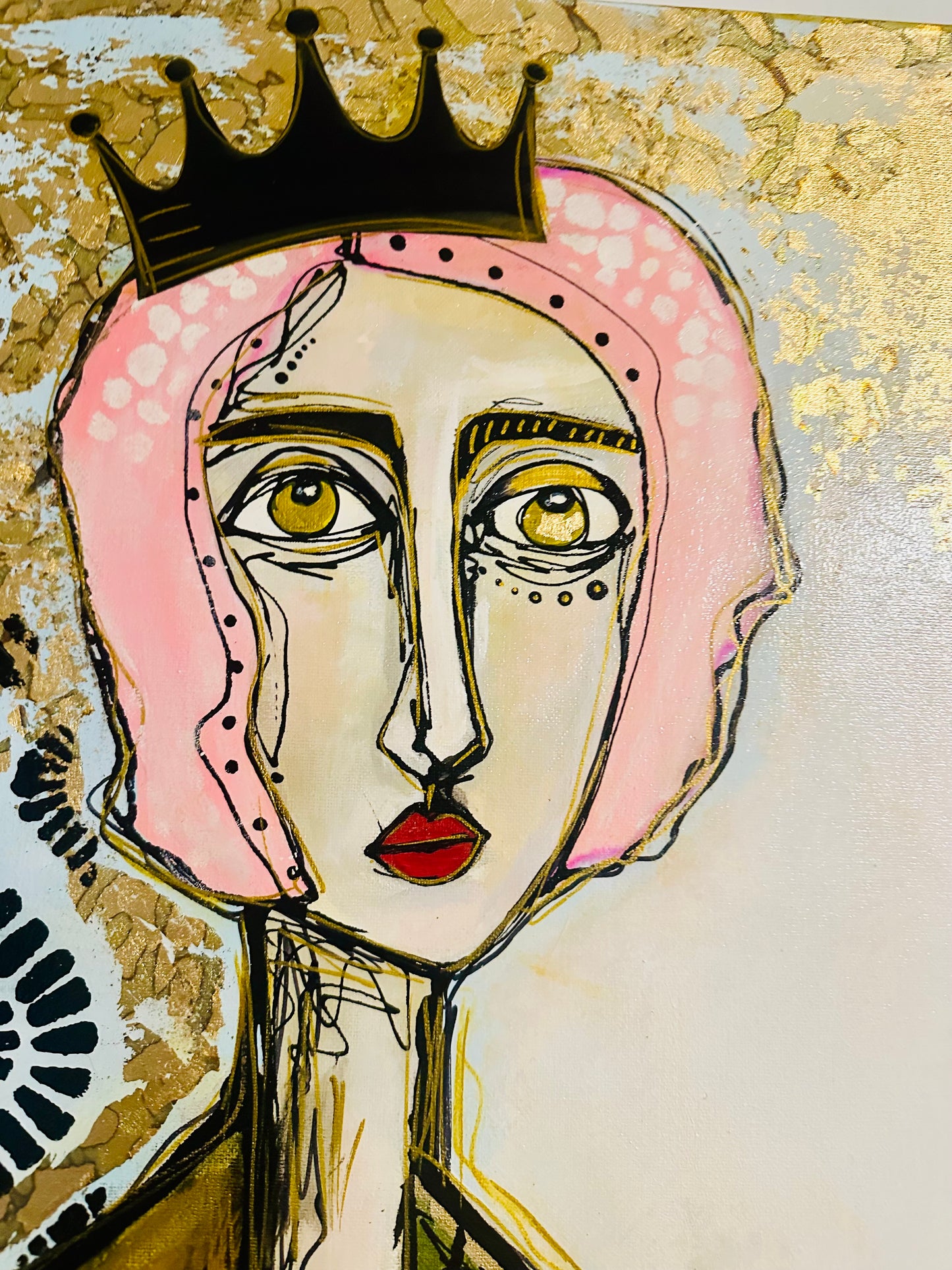 Original, signed painting-24x48”- black edge canvas: Abstract portrait w/ mixed media - ‘Black Crown’