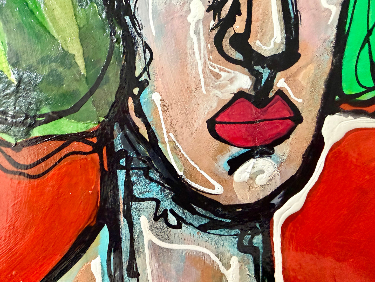 Original, signed mixed media painting/collage on box-framed wood panel. Abstract portrait w/mixed media -11x14”