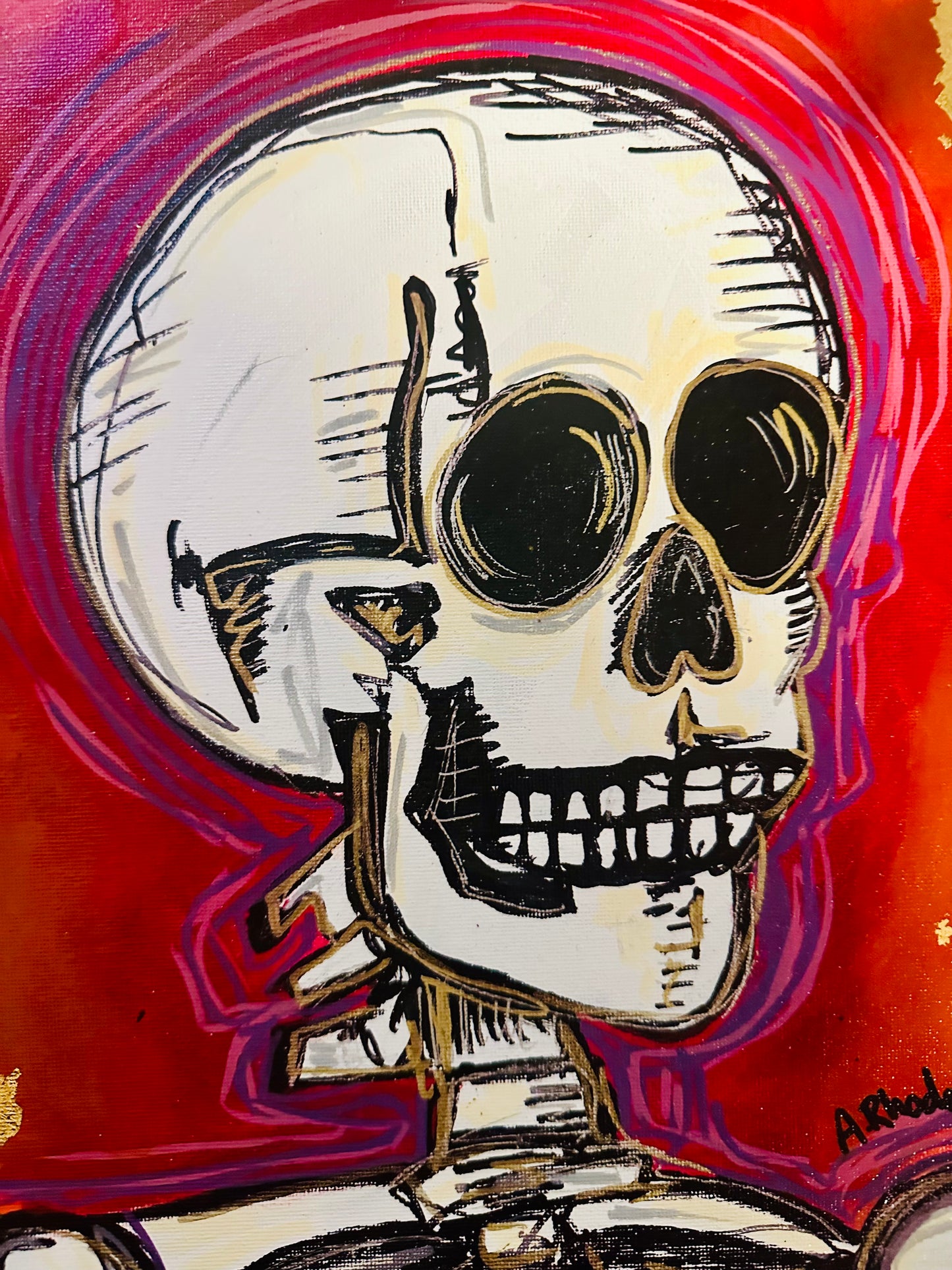 Original painting on canvas board w/ distressed black frame 16x19” Abstract Skelly Portrait w/ mixed media