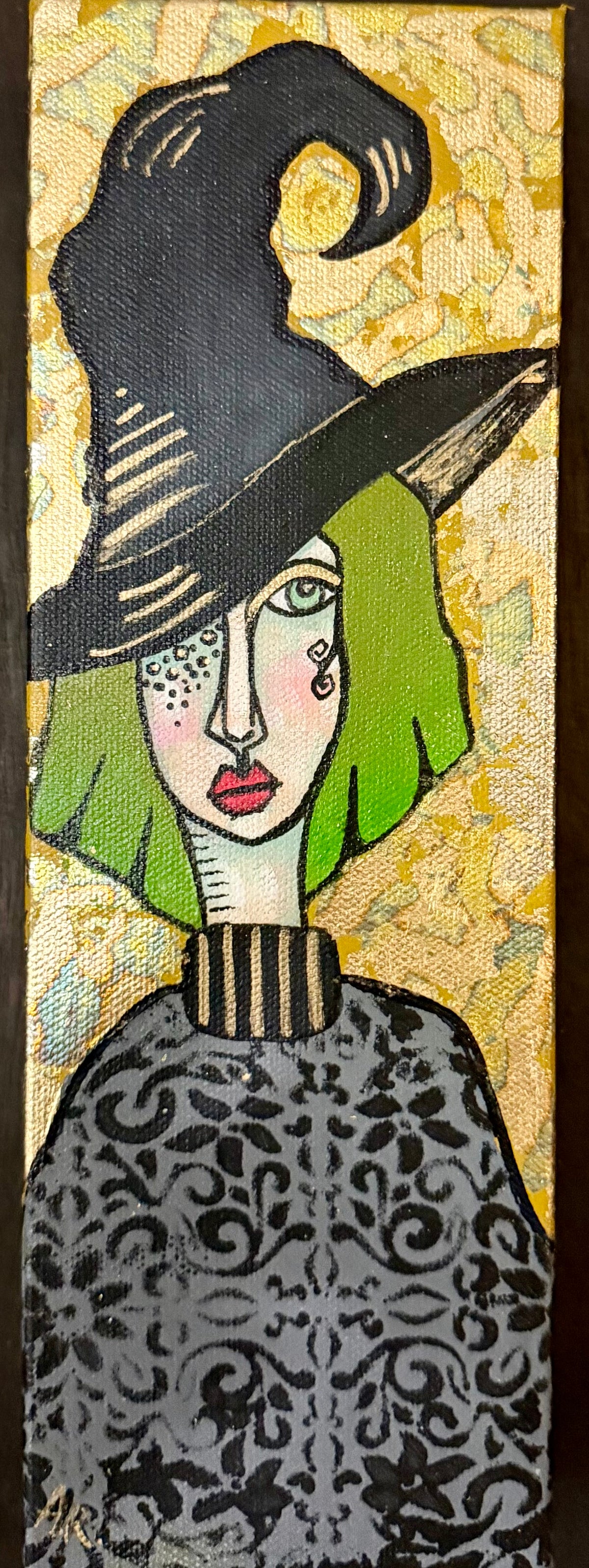 Original, signed mini /slender painting on canvas  Abstract portrait w/mixed media 4x12x1.5”