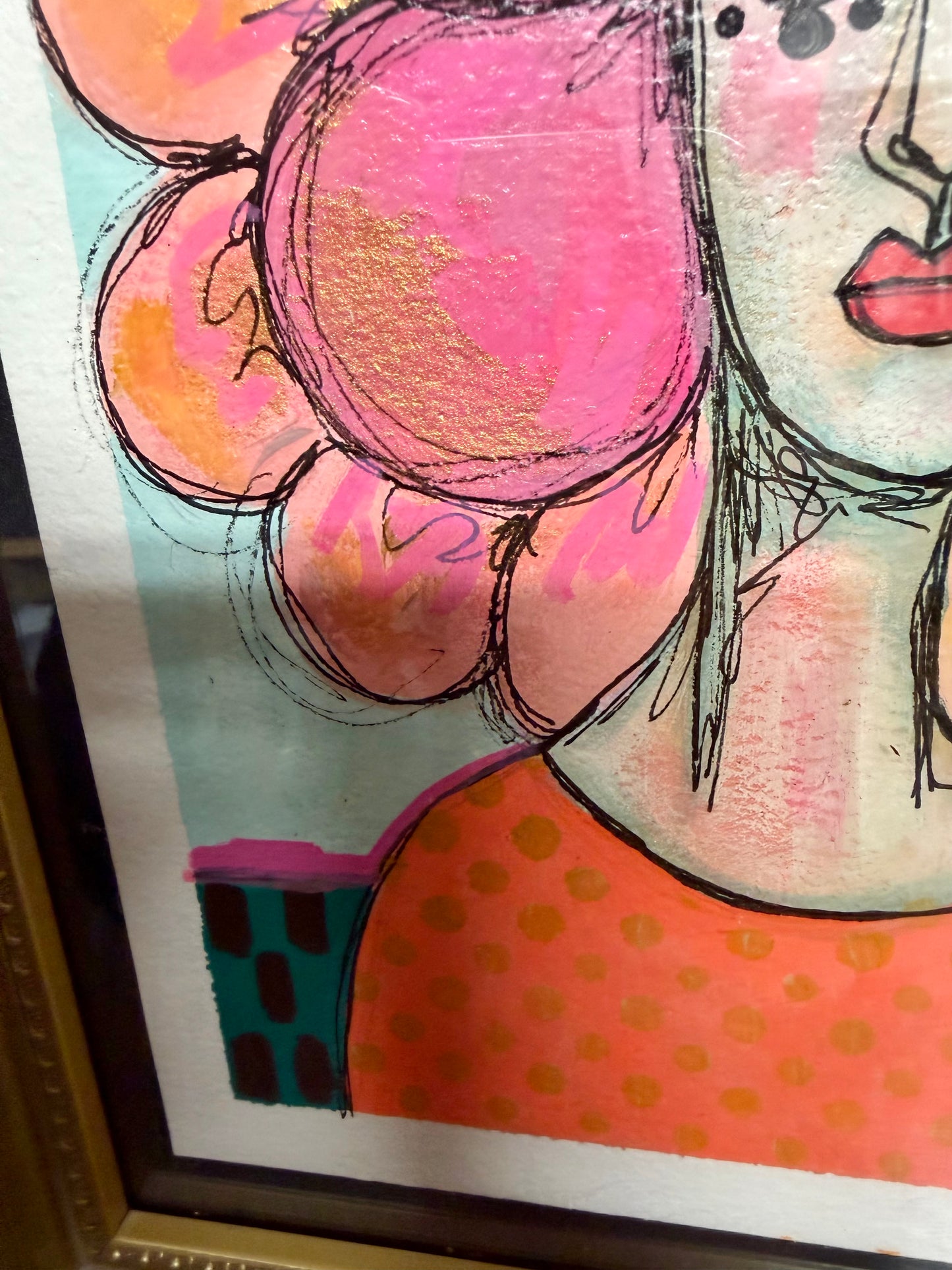 Original,signed painting/mixed media collage portrait on heavyweight archival paper/board in gold frame 10x12