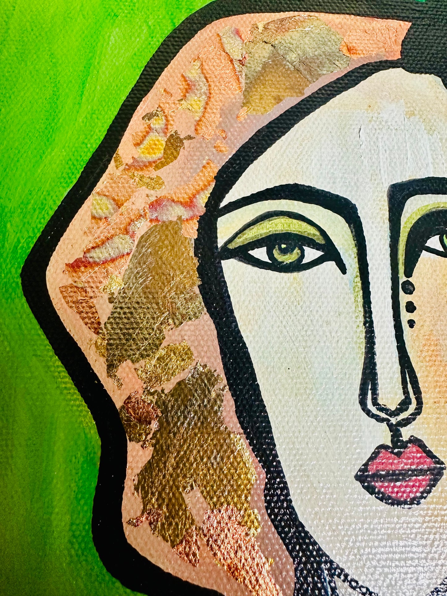 Original, signed painting-10x20” wide collage edge canvas: Abstract portrait w/ mixed media