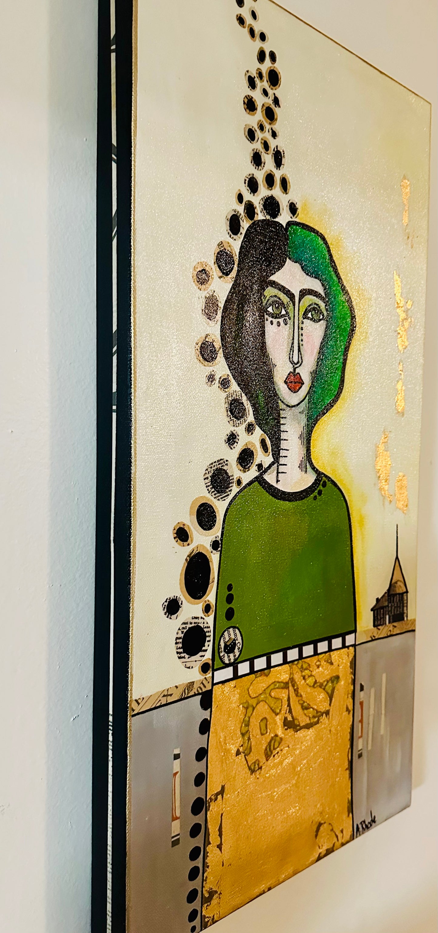 Original, signed painting-12x24” wide collage edge canvas: Abstract portrait w/ mixed media