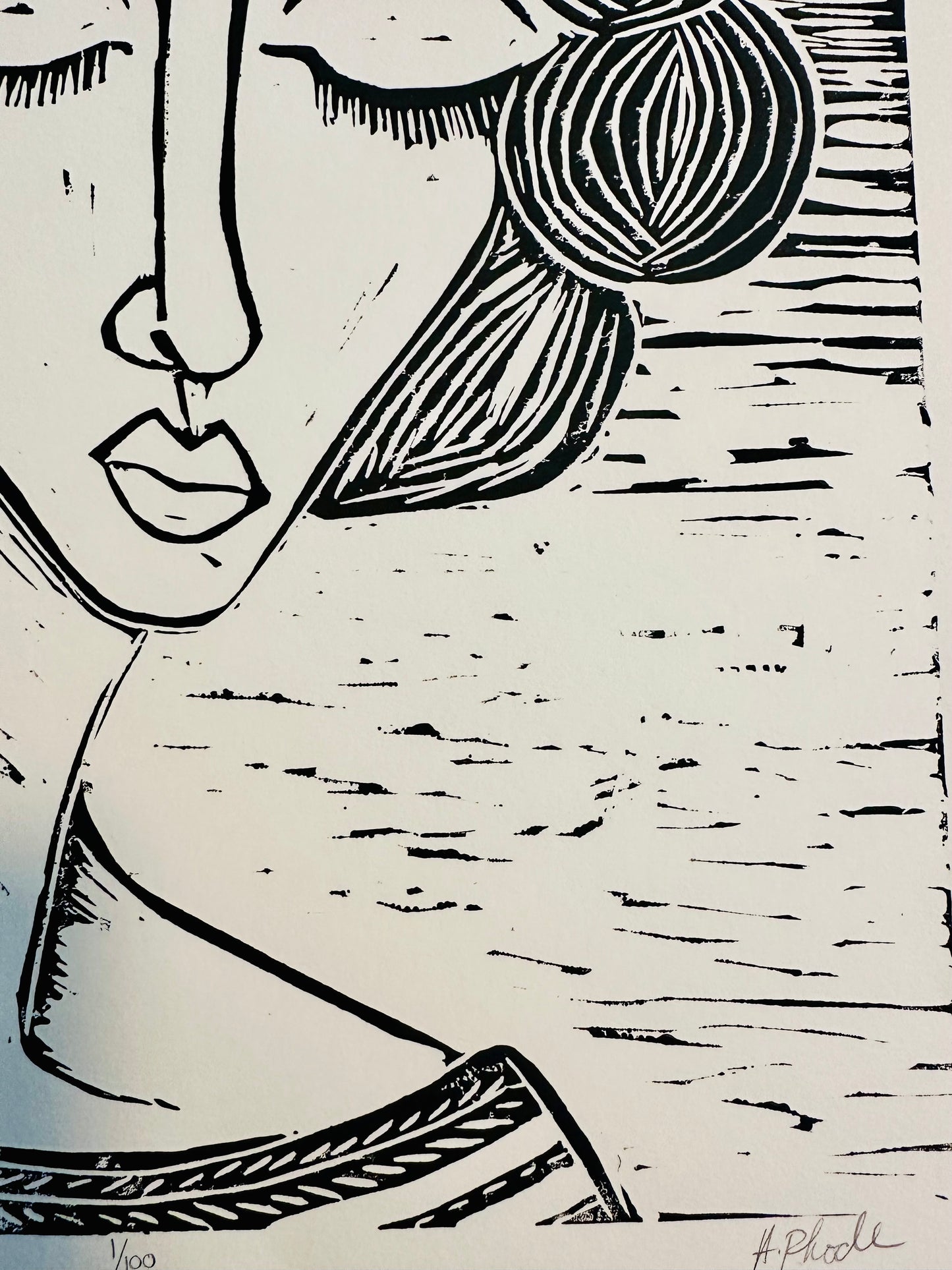 Original, hand-carved & pulled linocut block print - Unframed, 11x14 print “Bea”Abstract  Portrait.