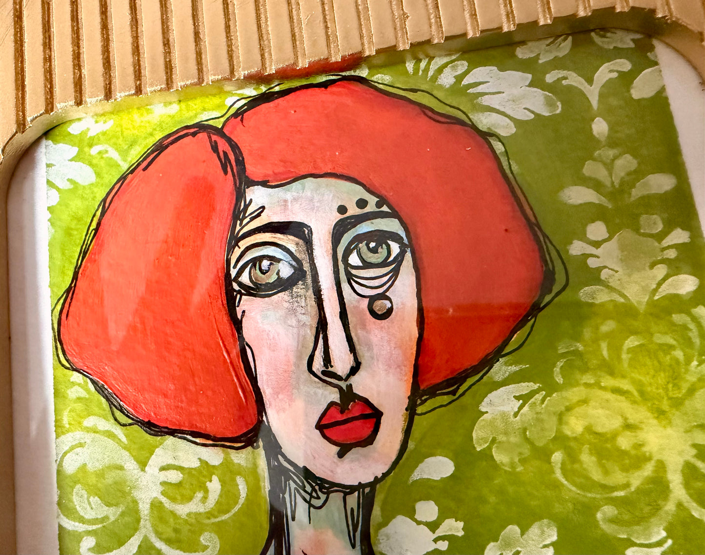 Original,signed painting/mixed media collage portrait on heavyweight archival paper in gold arch frame, 8x9