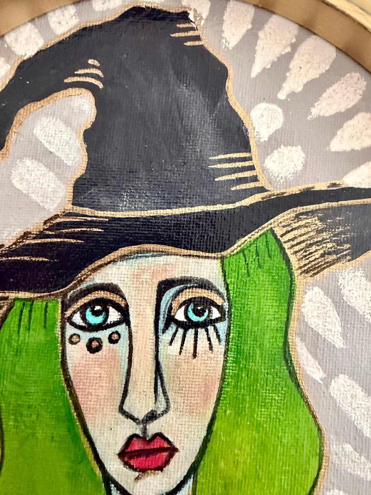 Original,signed oval Witch painting & mixed media on canvas board in gold frame11x13”