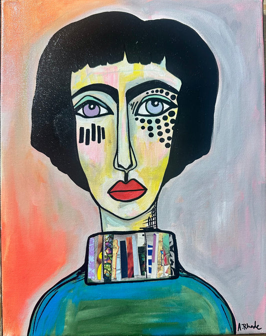 Original, signed painting-11x14”black edge canvas: Abstract portrait w/ mixed media