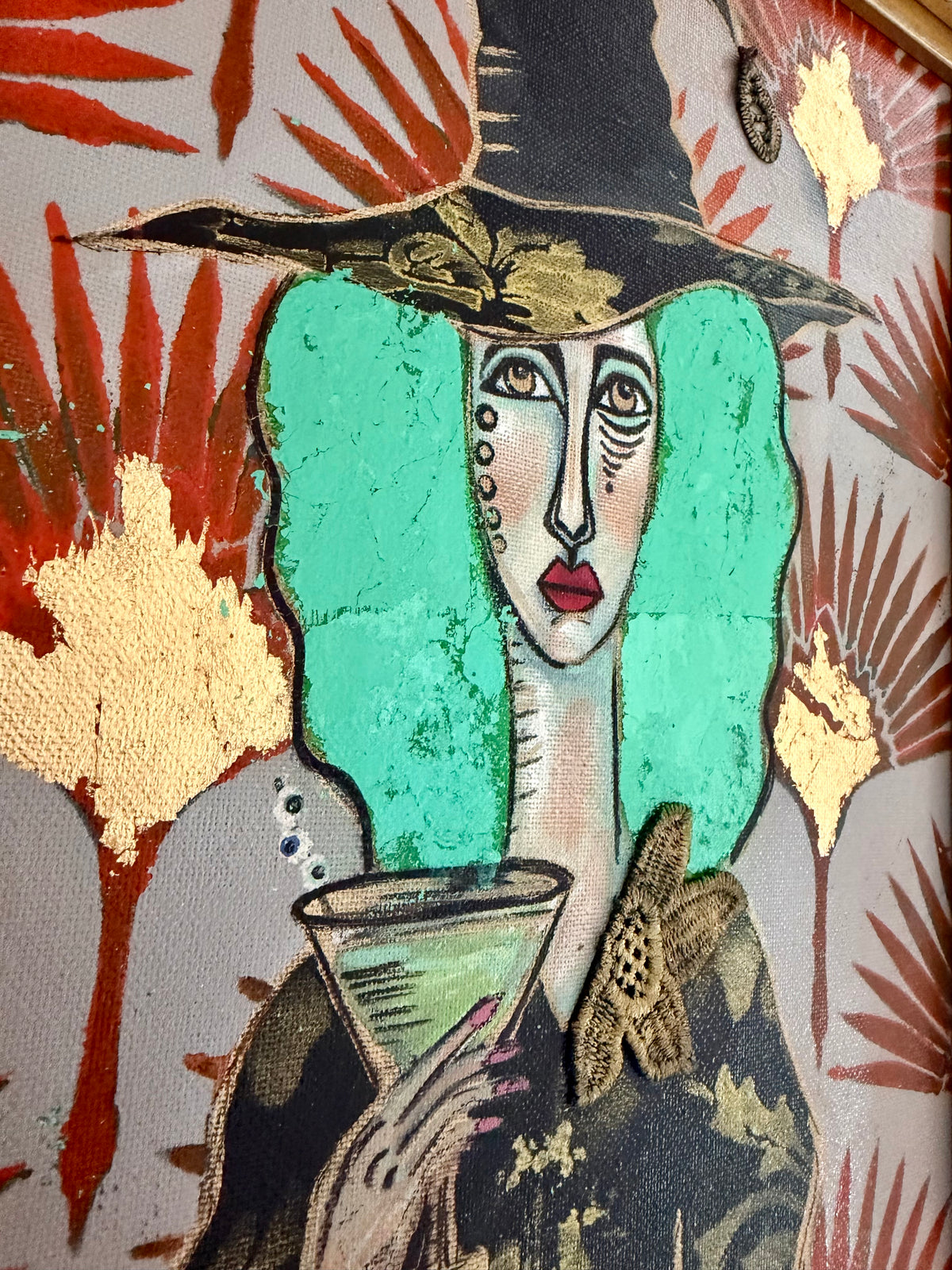Original,signed Witches’ Brew painting & mixed media on canvas board in ornate gold frame14x18”