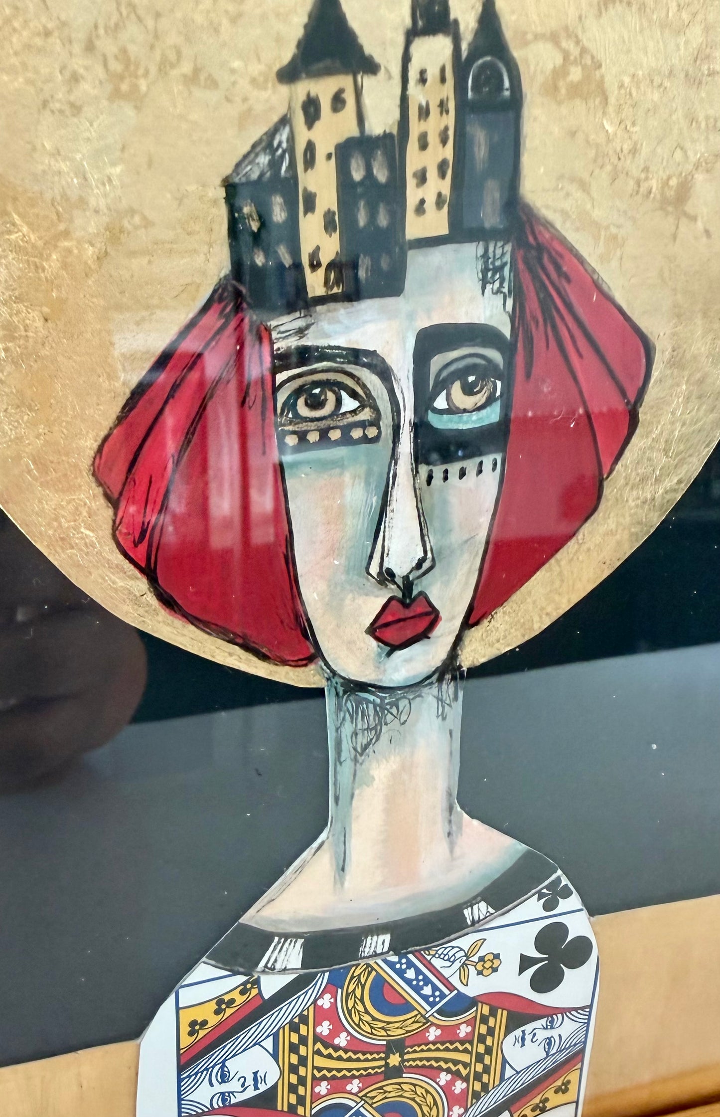Original,signed painting/mixed media collage portrait on board in gold frame, 10x12”