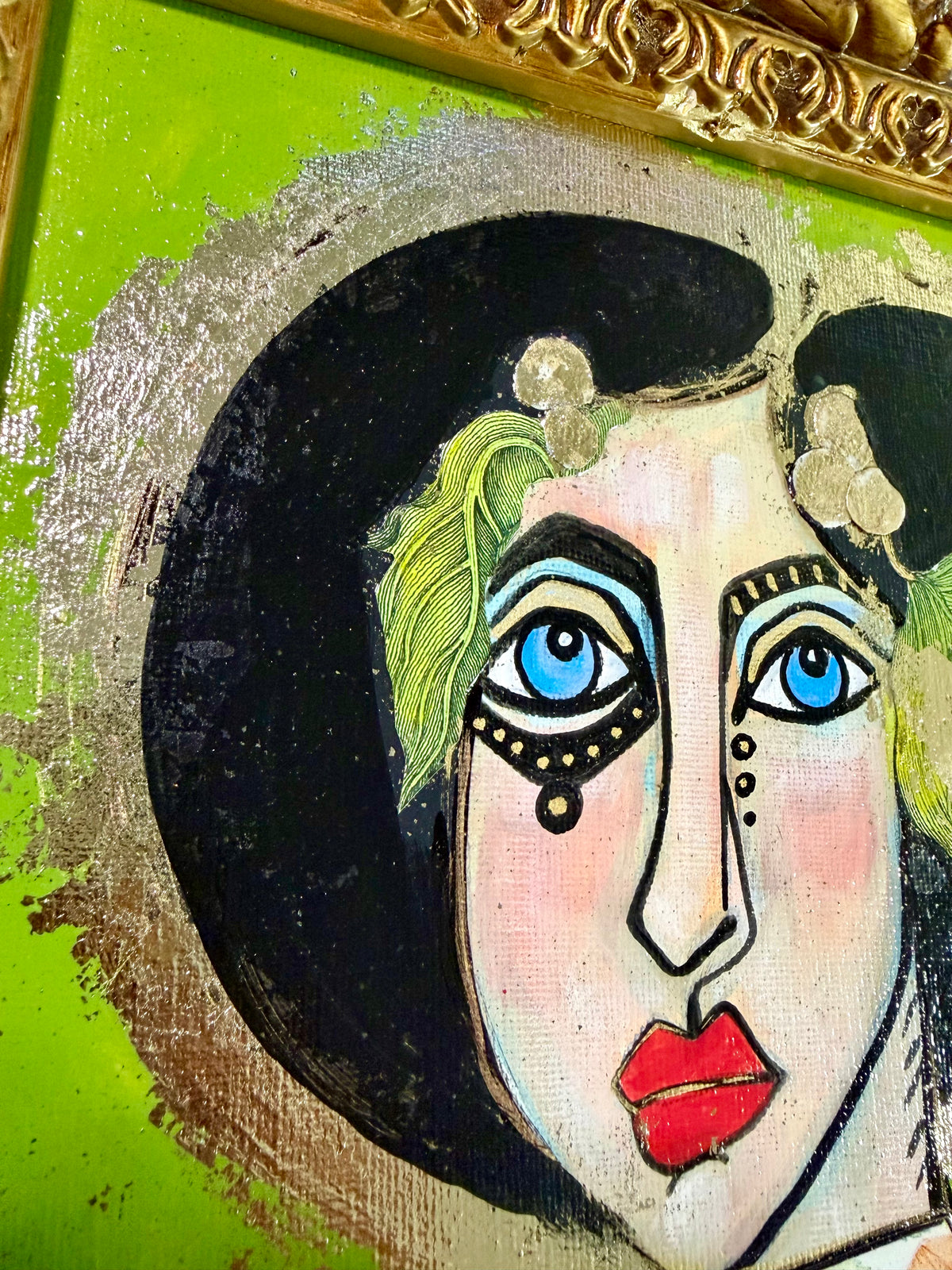 Original,signed painting-mixed media portrait on canvas board in gold frame 12x14”