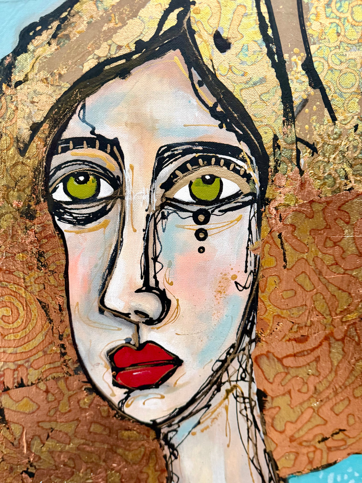 36x48 Original signed painting-wide gallery edge canvas Abstract portrait, acrylic w/mixed media collage