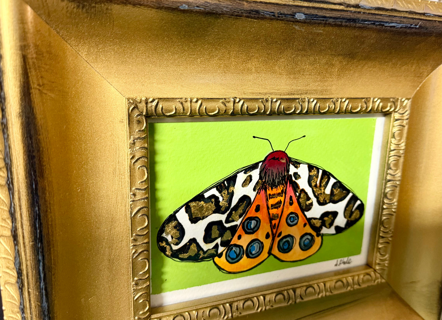 Original,signed painting/mixed media moth on heavyweight archival paper/board in gold ornate frame 10.5x12.5”