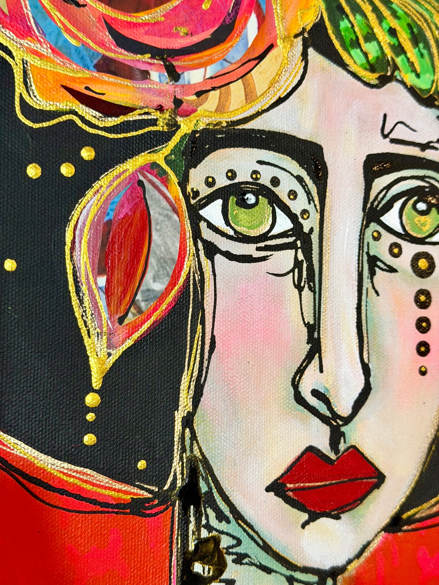 Original, signed painting-20x20”wide edge canvas: Abstract portrait with flowers/mixed media.