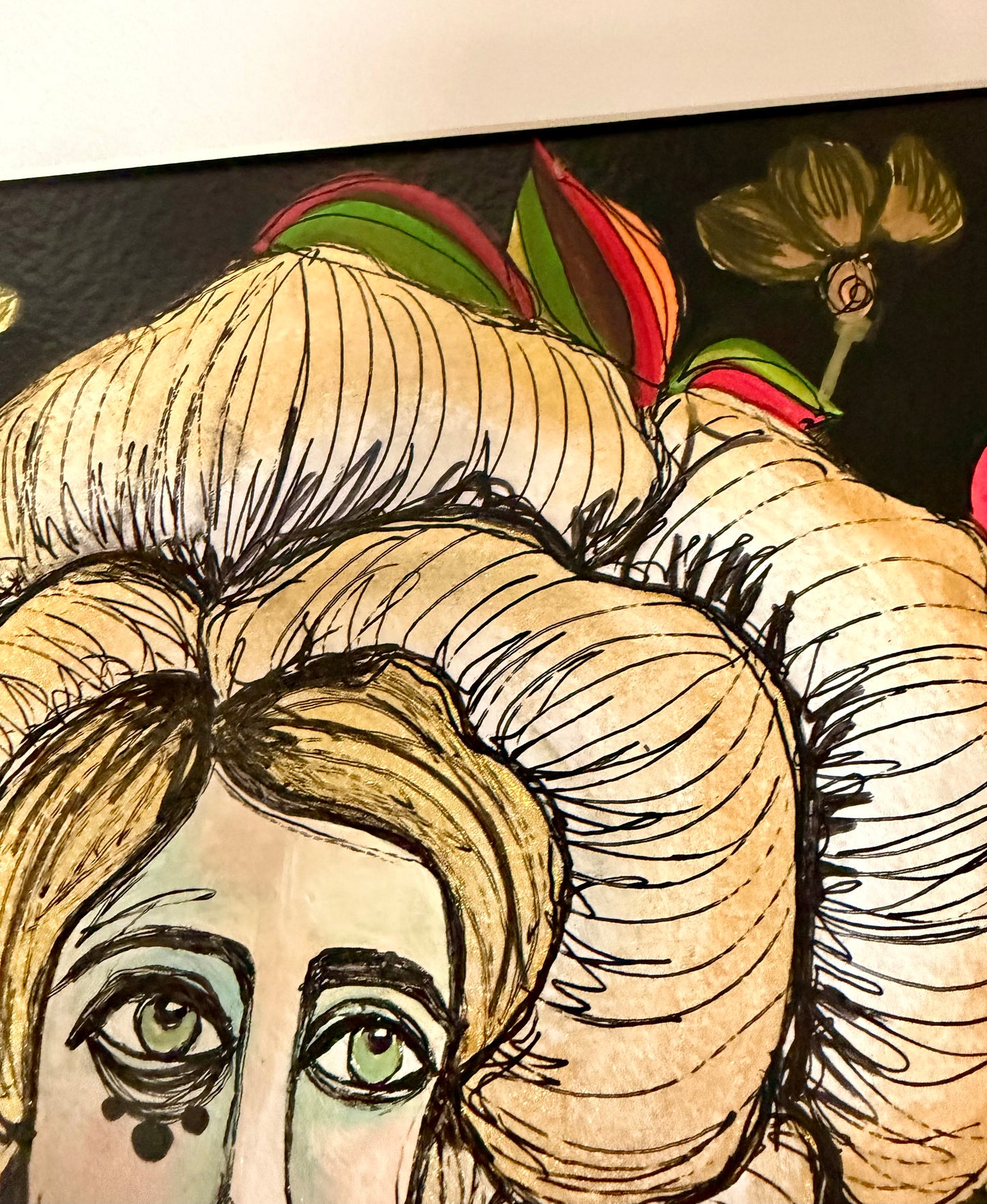Original,signed painting/mixed media collage in black frame, 12x15” flower girl portrait.