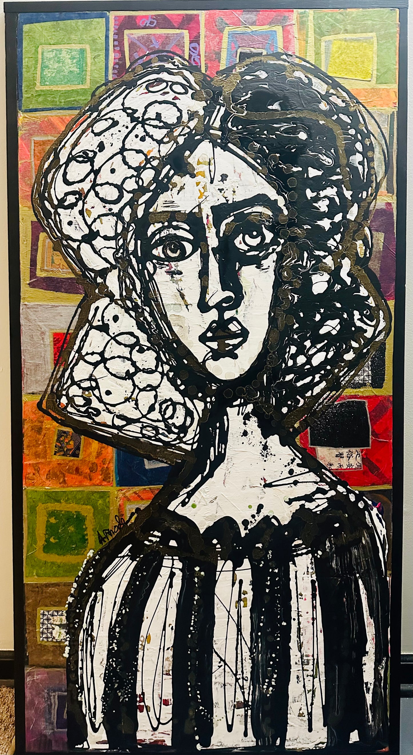 Tall, 26x50” Original painting on canvas w/black wood frame. Abstract,splatter w/gold ink,contour portrait-Large