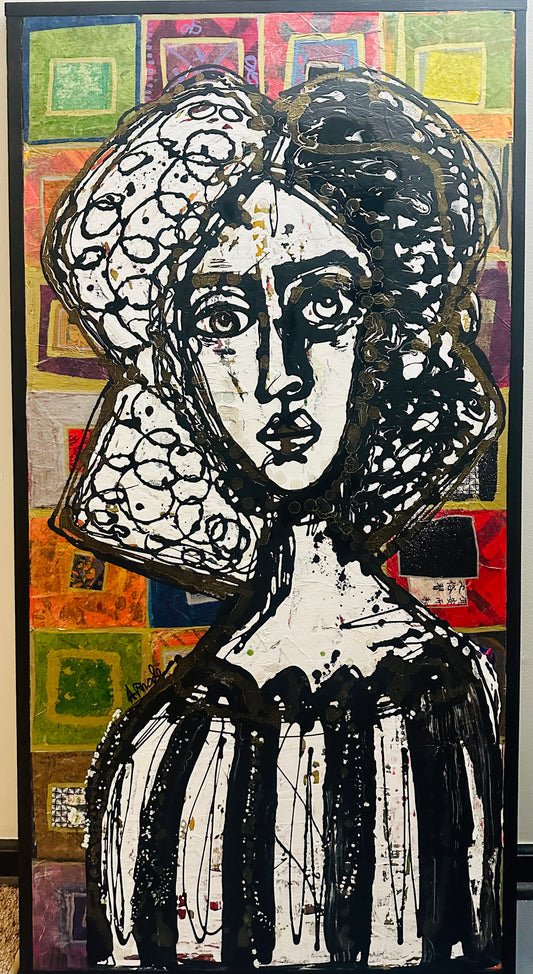 Tall, 26x50” Original painting on canvas w/black wood frame. Abstract,splatter w/gold ink,contour portrait-Large