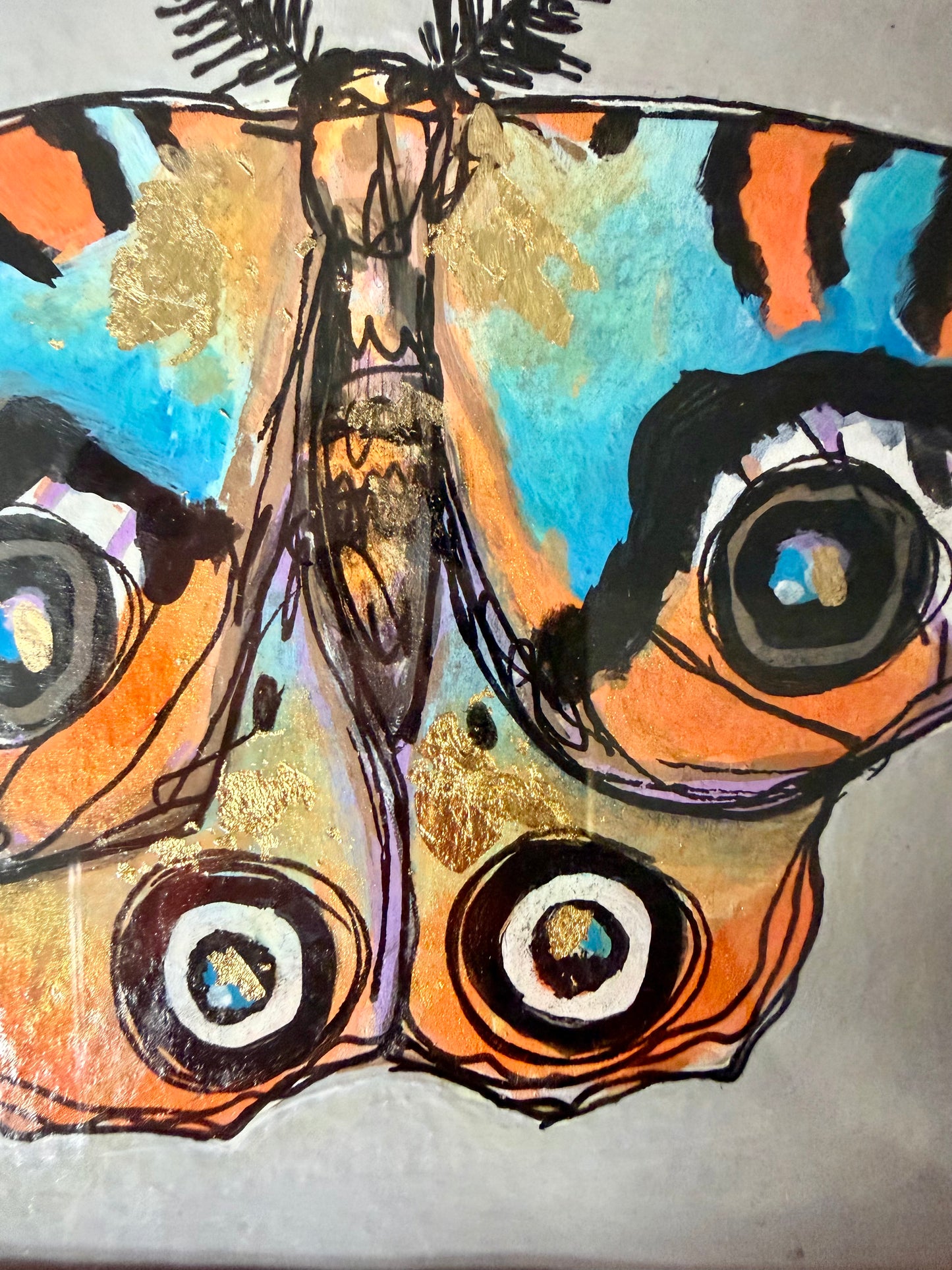 Original,signed painting/mixed media moth on heavyweight archival paper/board in glossy bright copper frame 9.5x11.5”