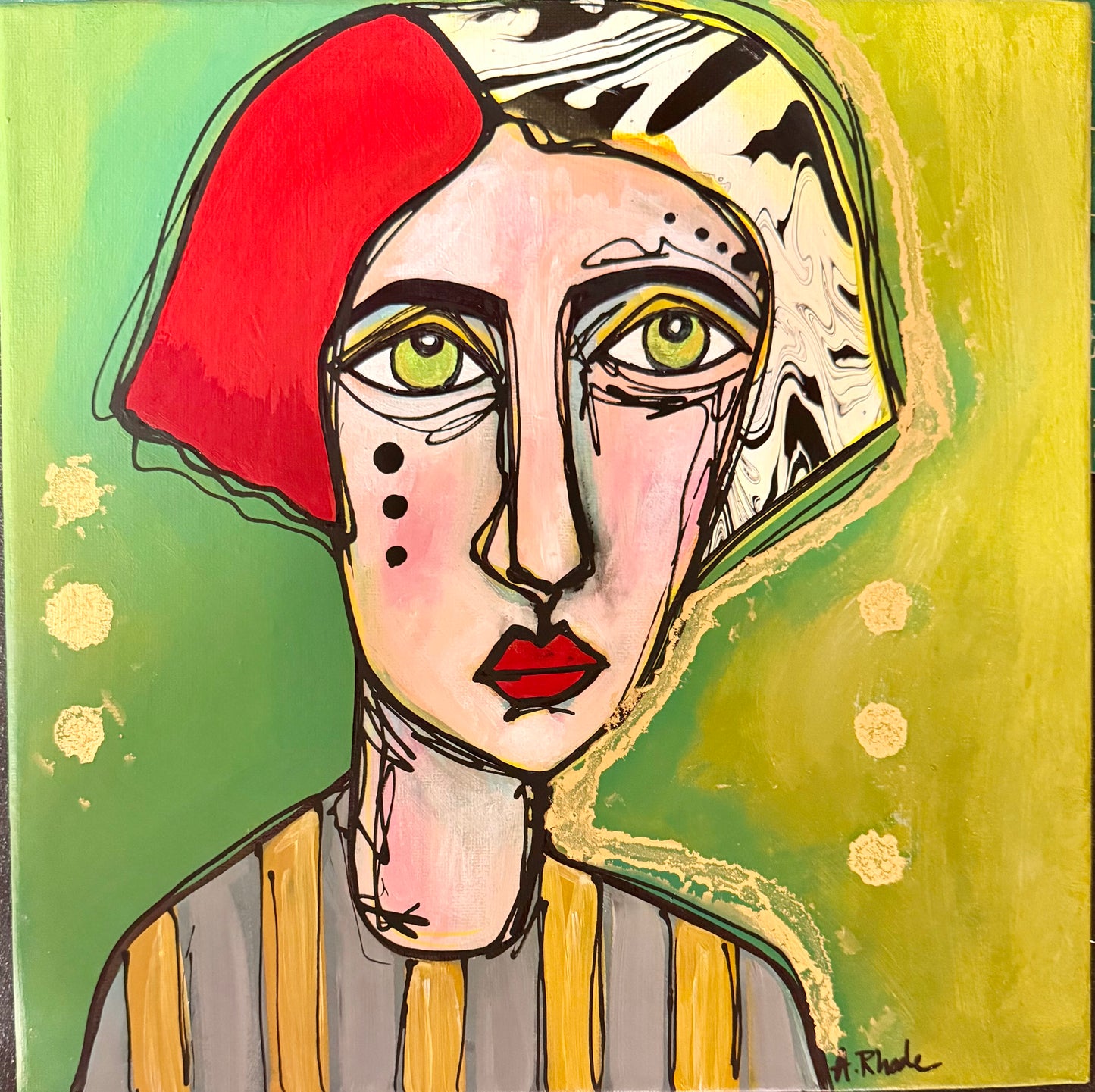 Original, signed painting on canvas  Abstract portrait w/mixed media - square 12x12”