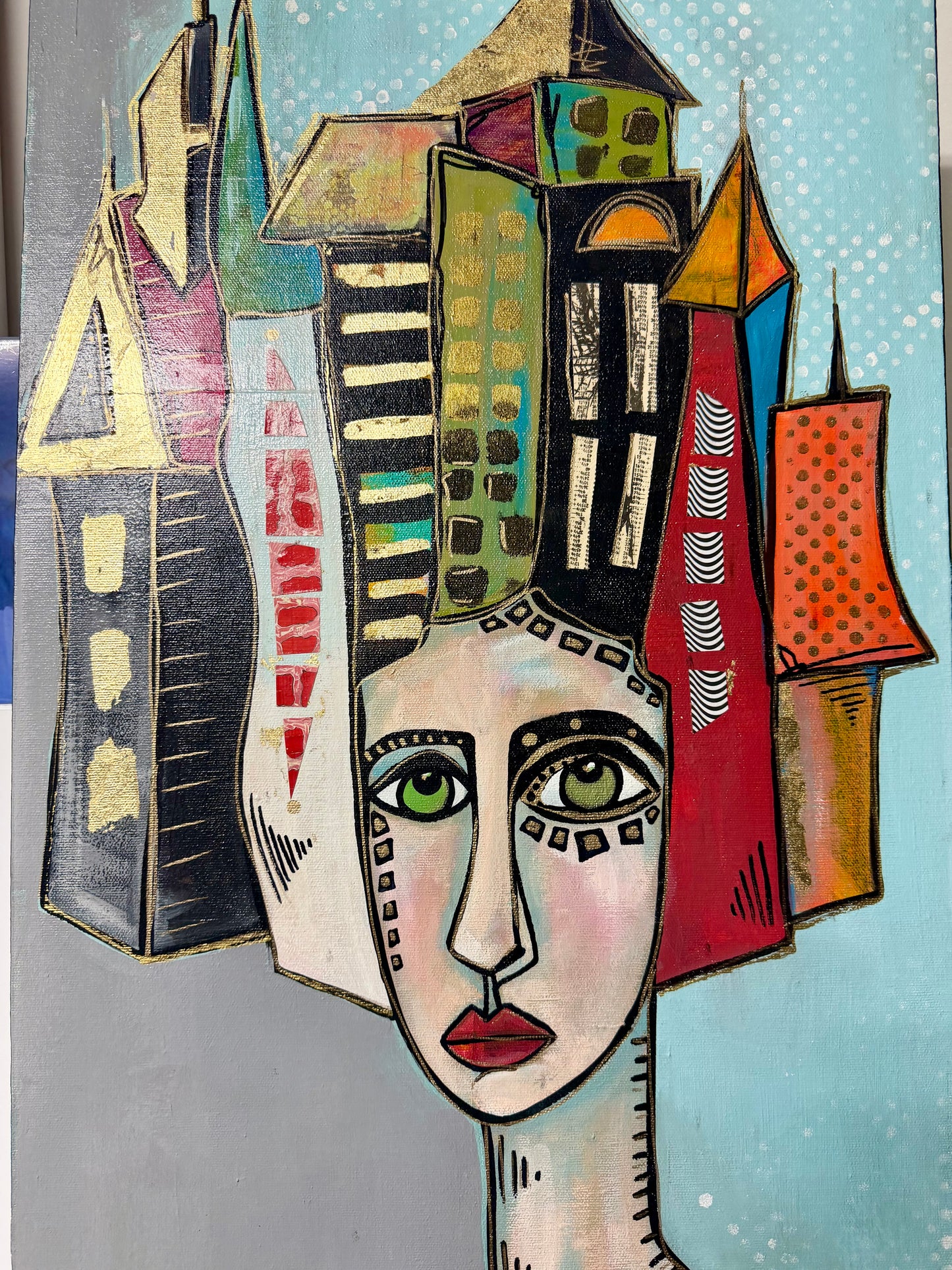 15x30” Original signed painting on painted edge canvas. Tall Abstract portrait, acrylic w/collage cityscape