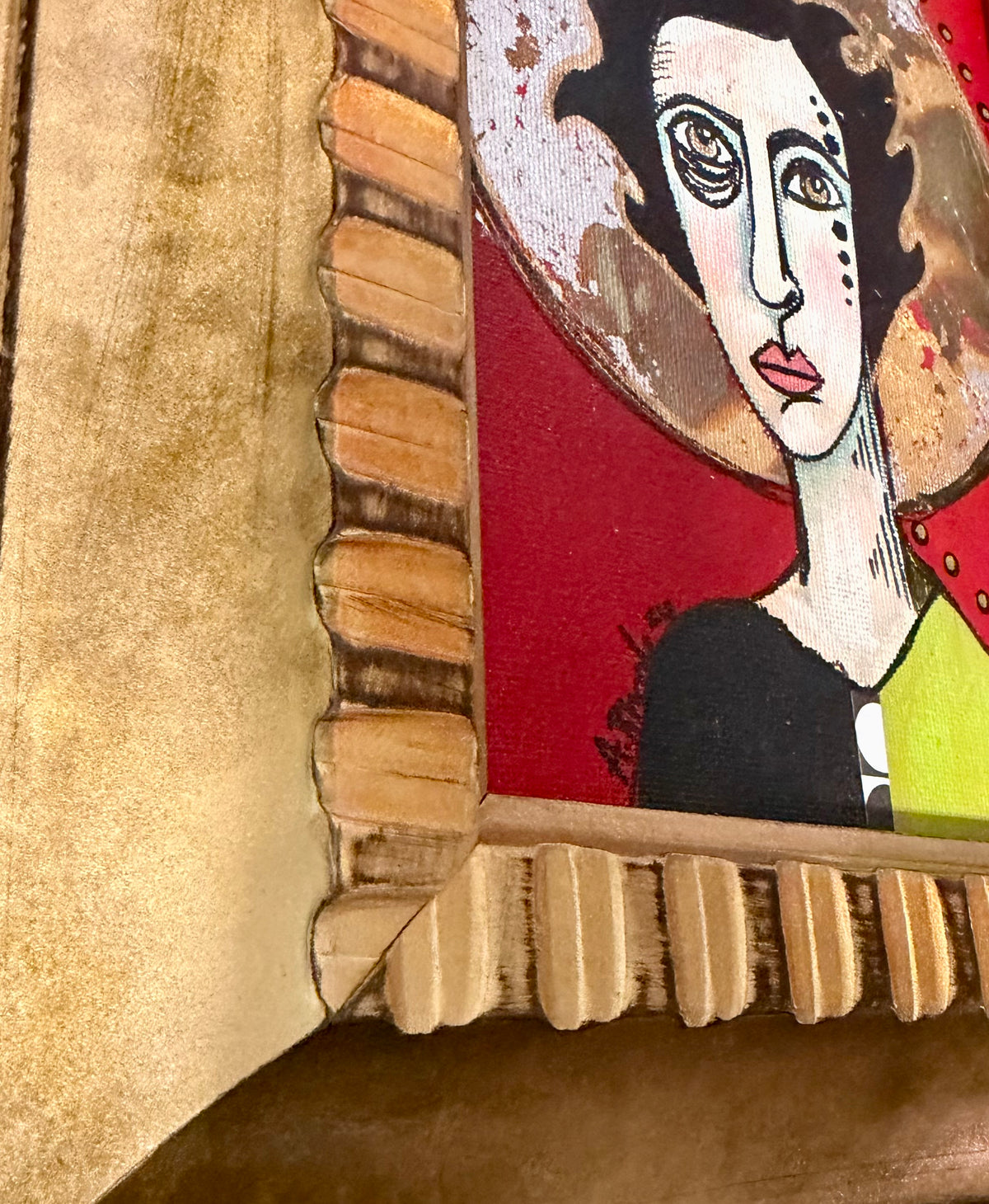 Original,signed painting-mixed media portrait on canvas in gold frame 9x11