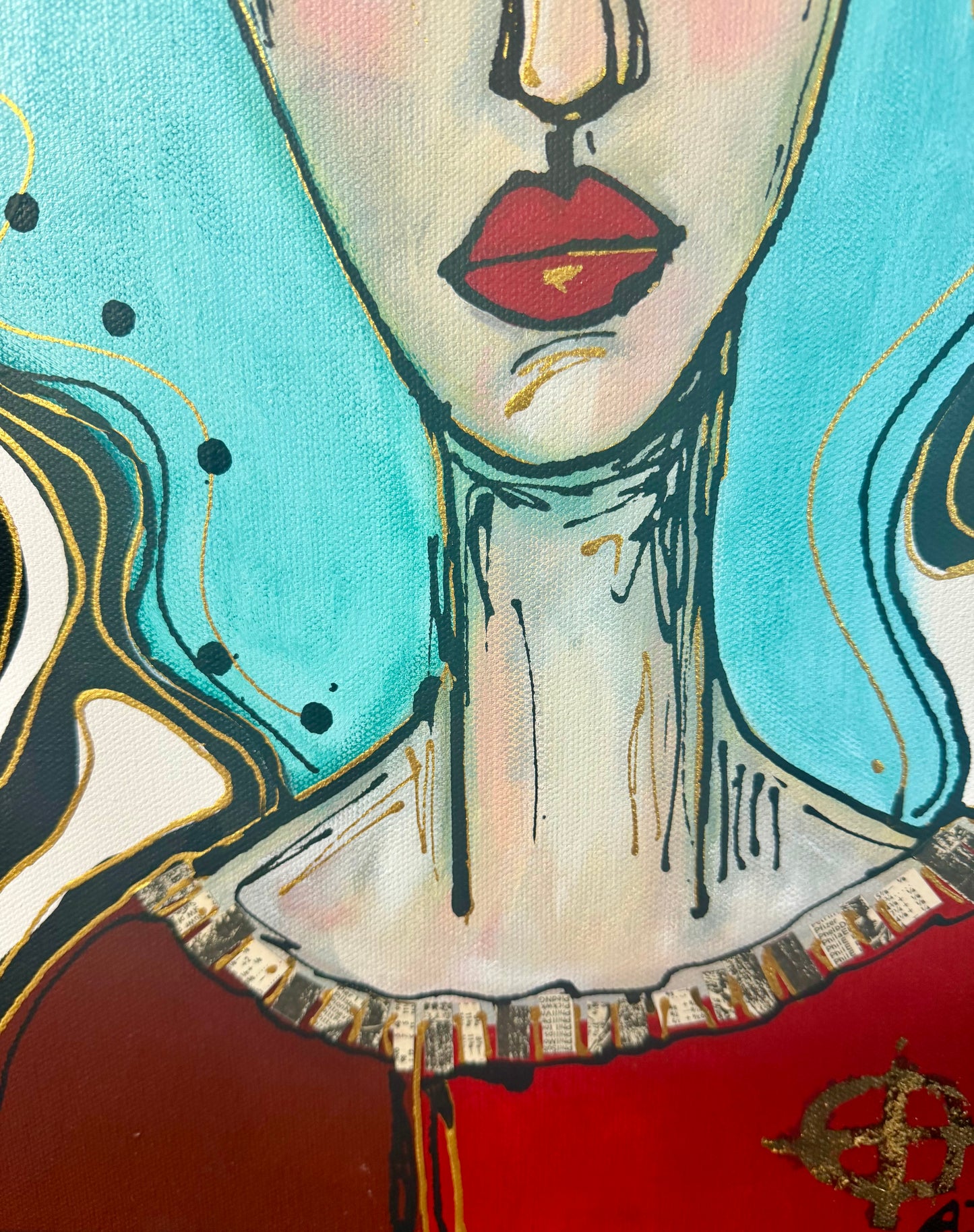 Original, signed painting-12x24” painted edge canvas: Abstract portrait w/ mixed media crown