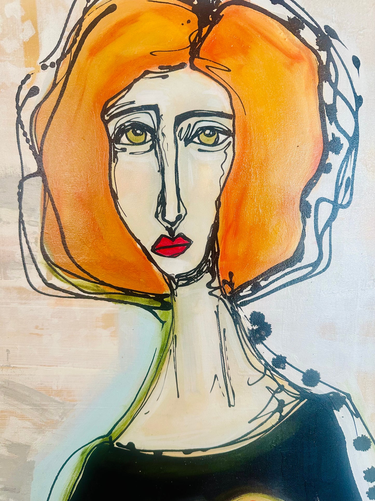 Original, signed painting-36x60” wide edge gallery canvas: Abstract portrait w/ mixed media