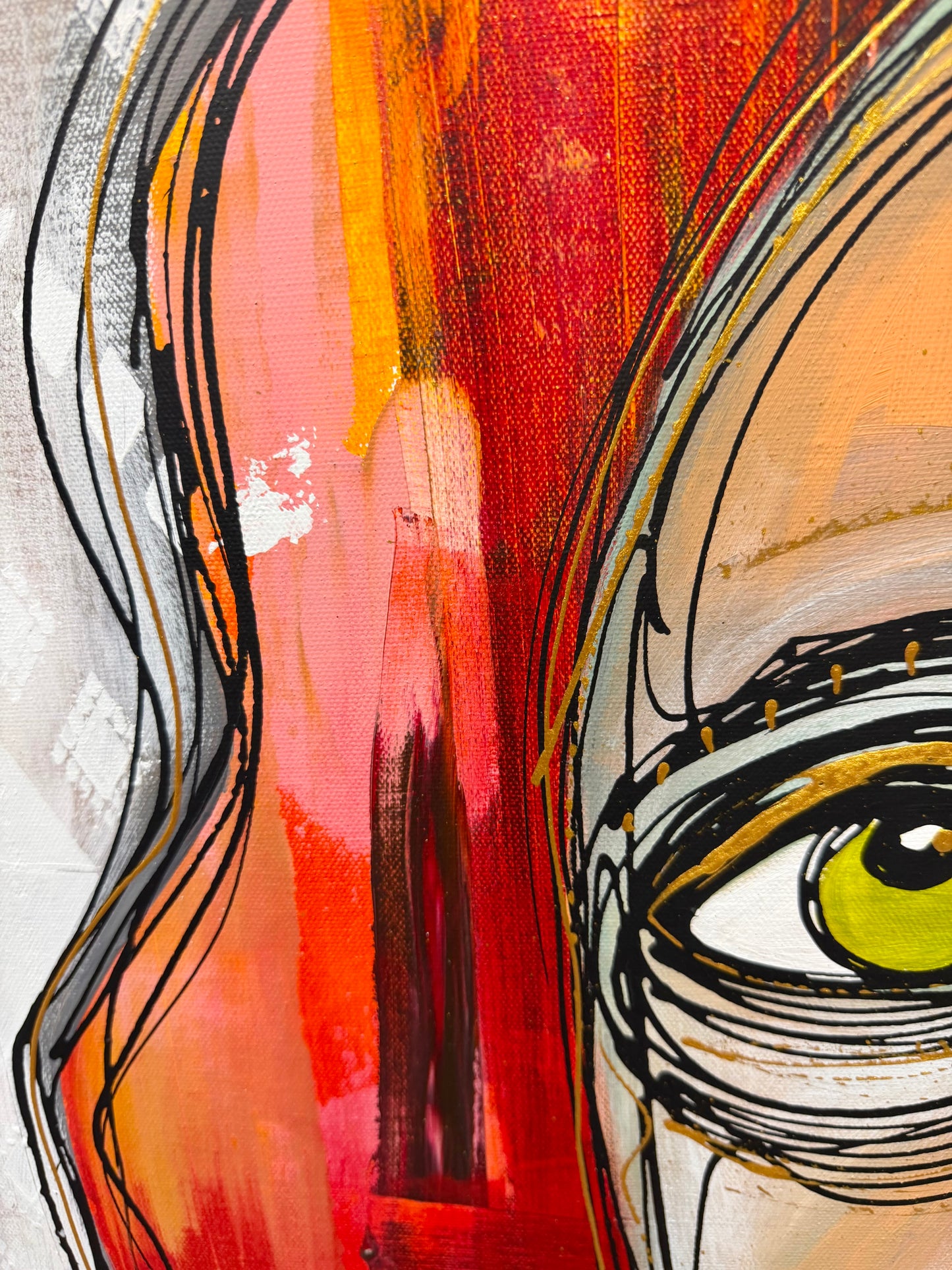 36x48 Original signed painting-wide gallery edge canvas Abstract portrait, acrylic w/mixed media collage & painted edge