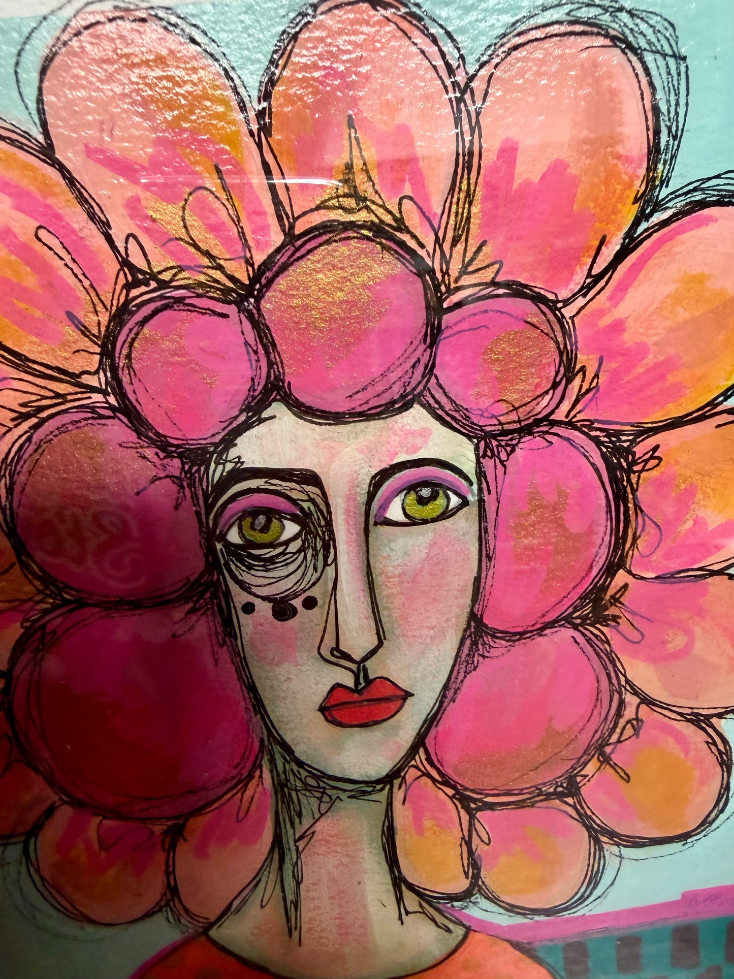 Original,signed painting/mixed media collage portrait on heavyweight archival paper/board in gold frame 10x12