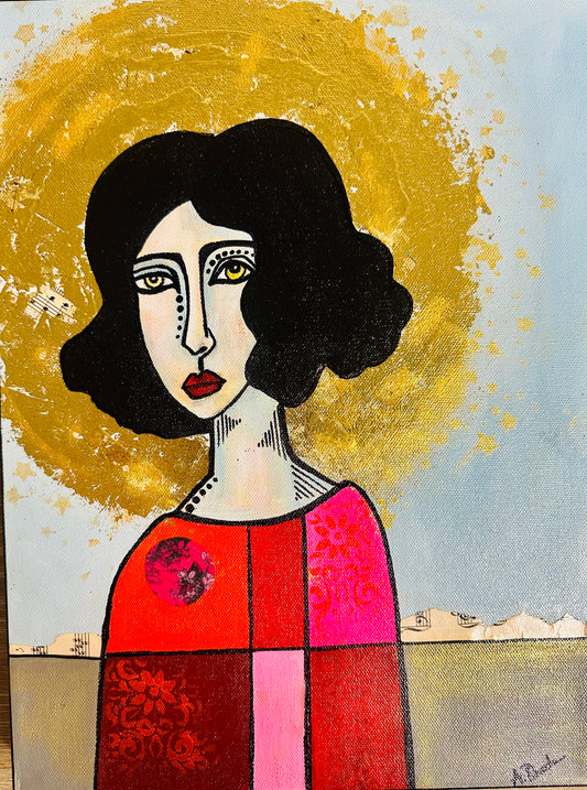 Original, signed painting-12x16” wide collage edge canvas: Abstract portrait w/ mixed media